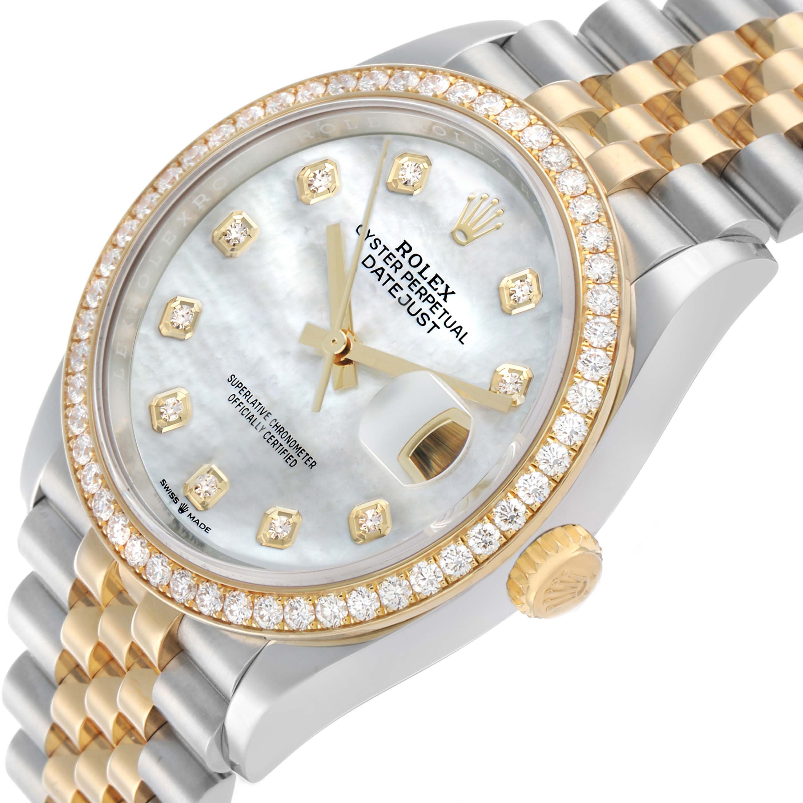 The Rolex Datejust 126283 Men's Steel and Gold (two tone) Mother of Pearl Dial watch is shown at a slight angle, highlighting its bezel, dial, and partially visible jubilee bracelet.