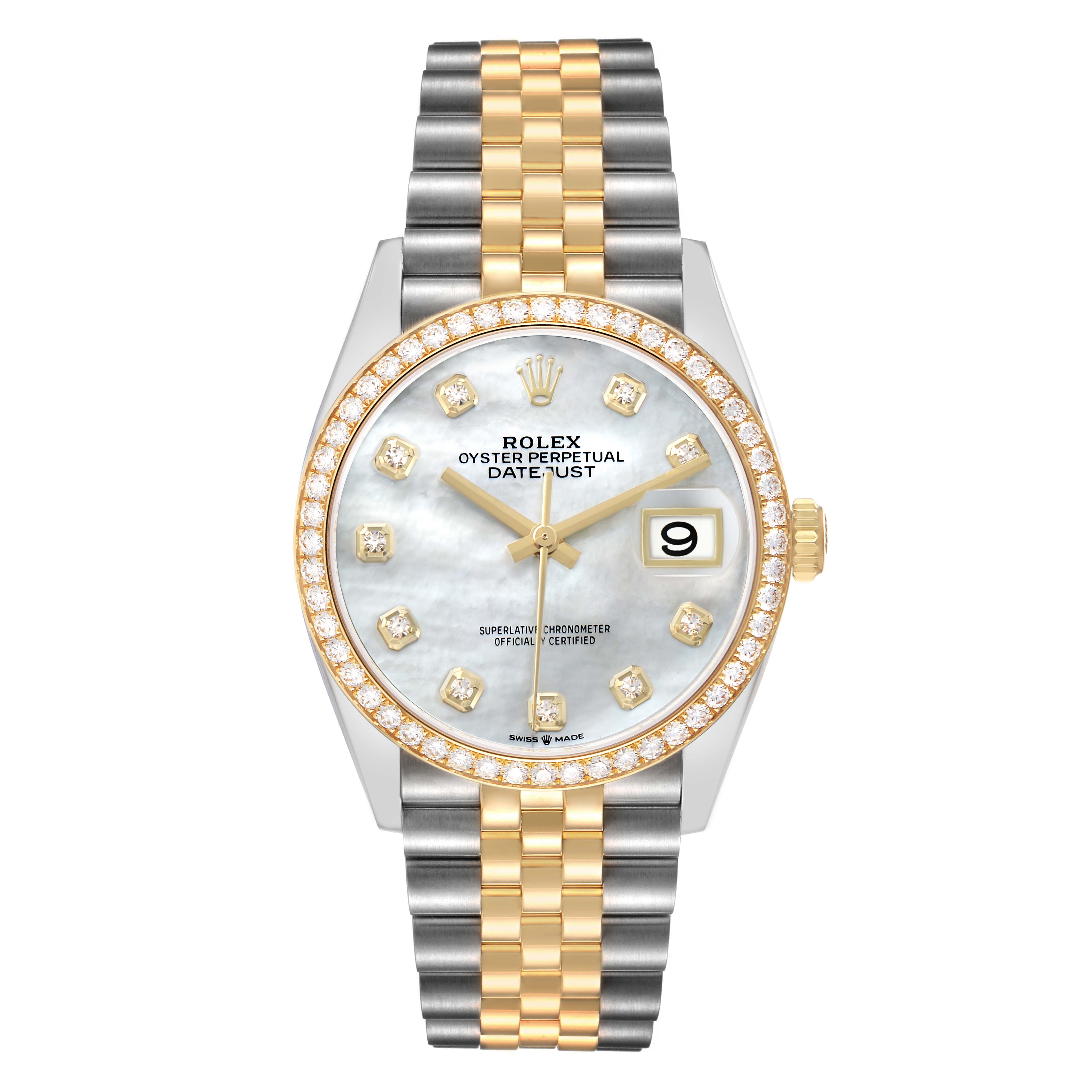The Rolex Datejust 126283 Men's Steel and Gold (two tone) Mother of Pearl Dial watch is shown from the front, displaying its dial, hands, bezel, and two-tone bracelet.