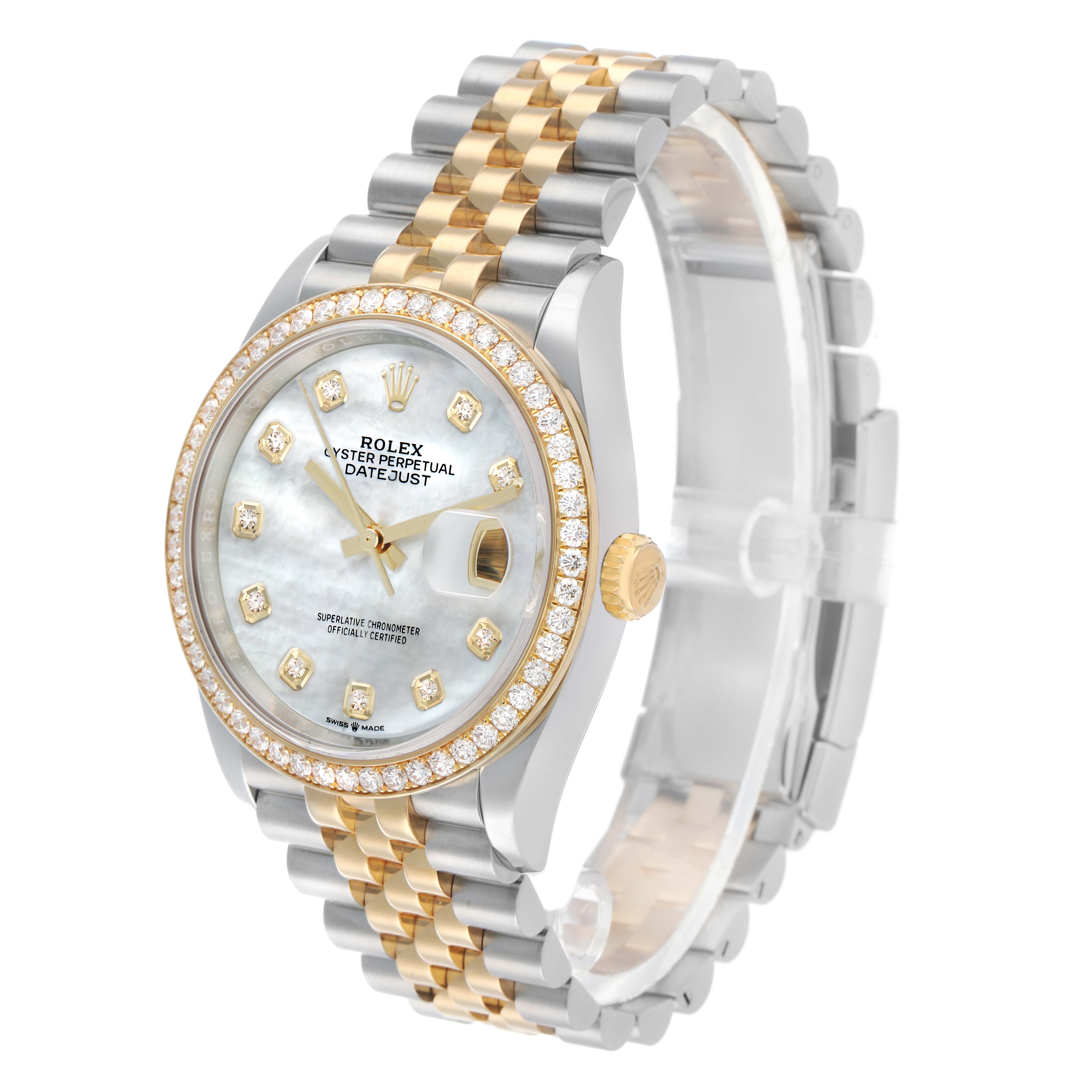 The Rolex Datejust 126283 Men's Steel and Gold (two tone) Mother of Pearl Dial watch is shown at a slight angle, highlighting the face, bezel, crown, and two-tone bracelet.