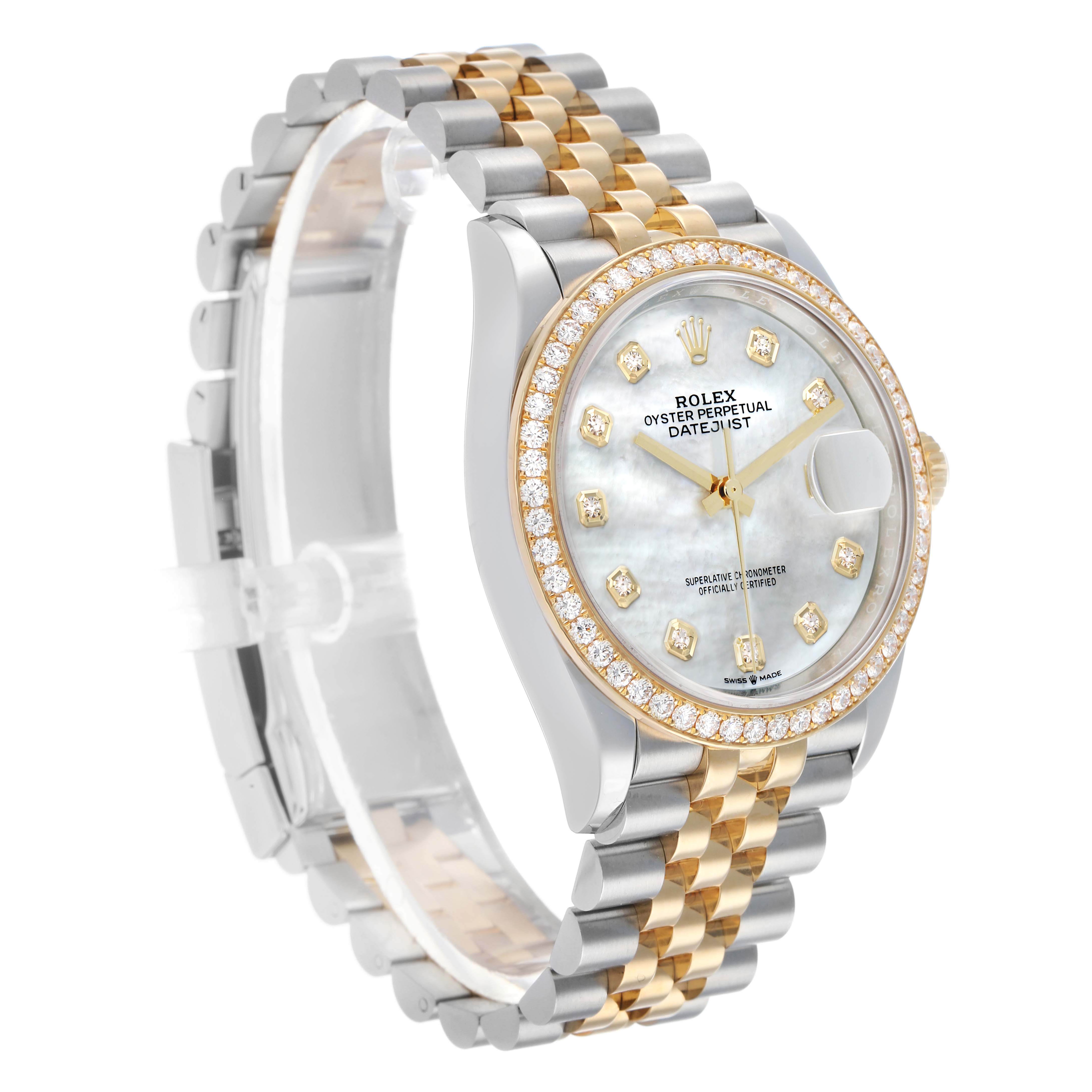 The Rolex Datejust 126283 Men's Steel and Gold (two tone) Mother of Pearl Dial watch is shown at a three-quarter angle, highlighting its bezel, dial, and bracelet.
