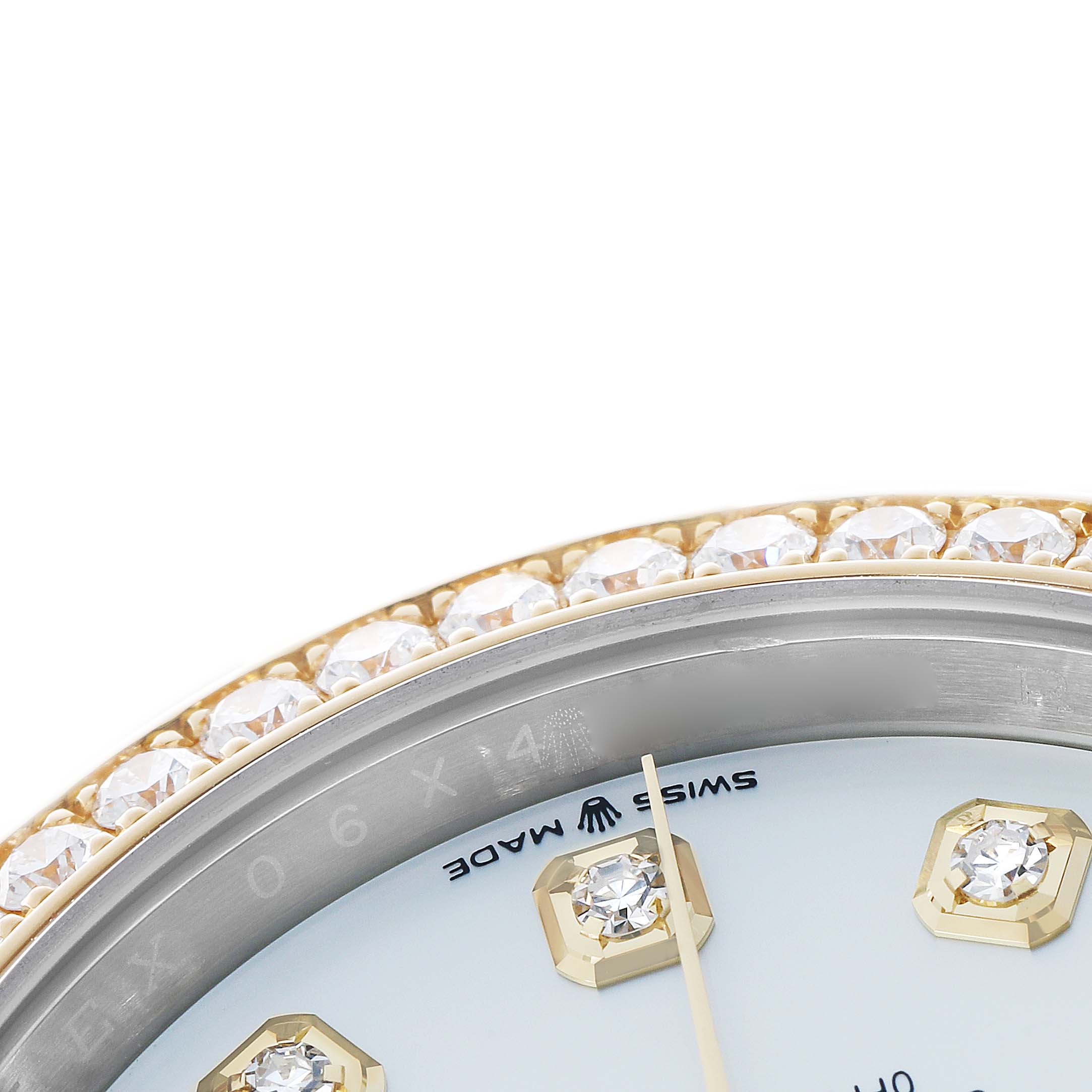 The image shows a close-up of the Rolex Datejust 126283 Men's Steel and Gold (two tone) Mother of Pearl Dial's upper dial, with diamond hour markers and the gem-encrusted bezel.