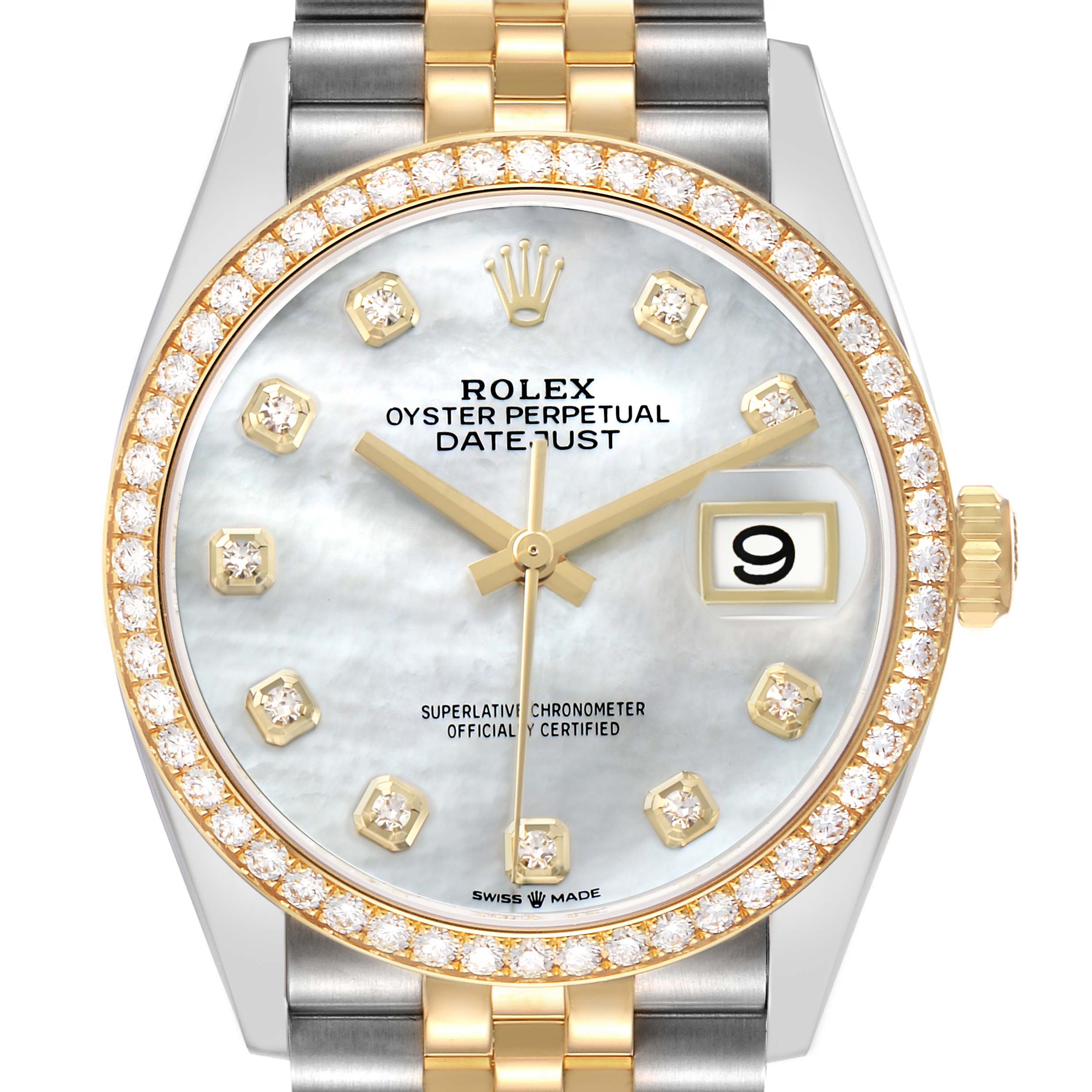 The Rolex Datejust 126283 Men's Steel and Gold (two tone) Mother of Pearl Dial watch is shown from a front angle, highlighting its bezel, dial, indices, and crown with a partially visible bracelet.