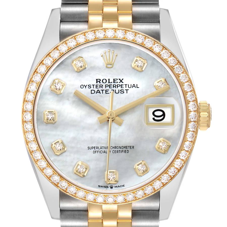 The Rolex Datejust 126283 Men's Steel and Gold (two tone) Mother of Pearl Dial watch is shown from a front angle, highlighting its bezel, dial, indices, and crown with a partially visible bracelet.