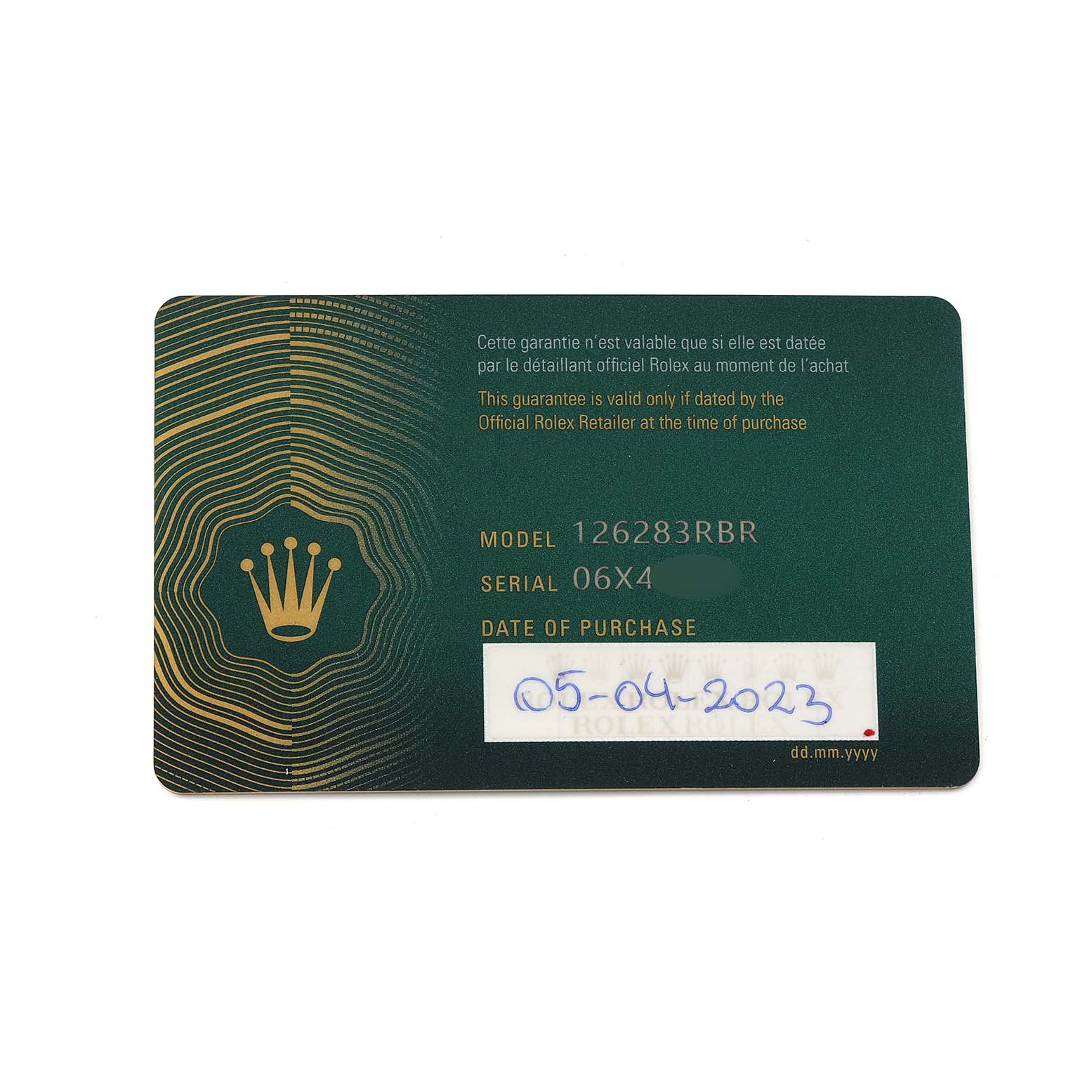 The image shows a flat view of a Rolex Datejust 126283 Men's Steel and Gold (two tone) Mother of Pearl Dial model guarantee card with model and serial numbers visible.