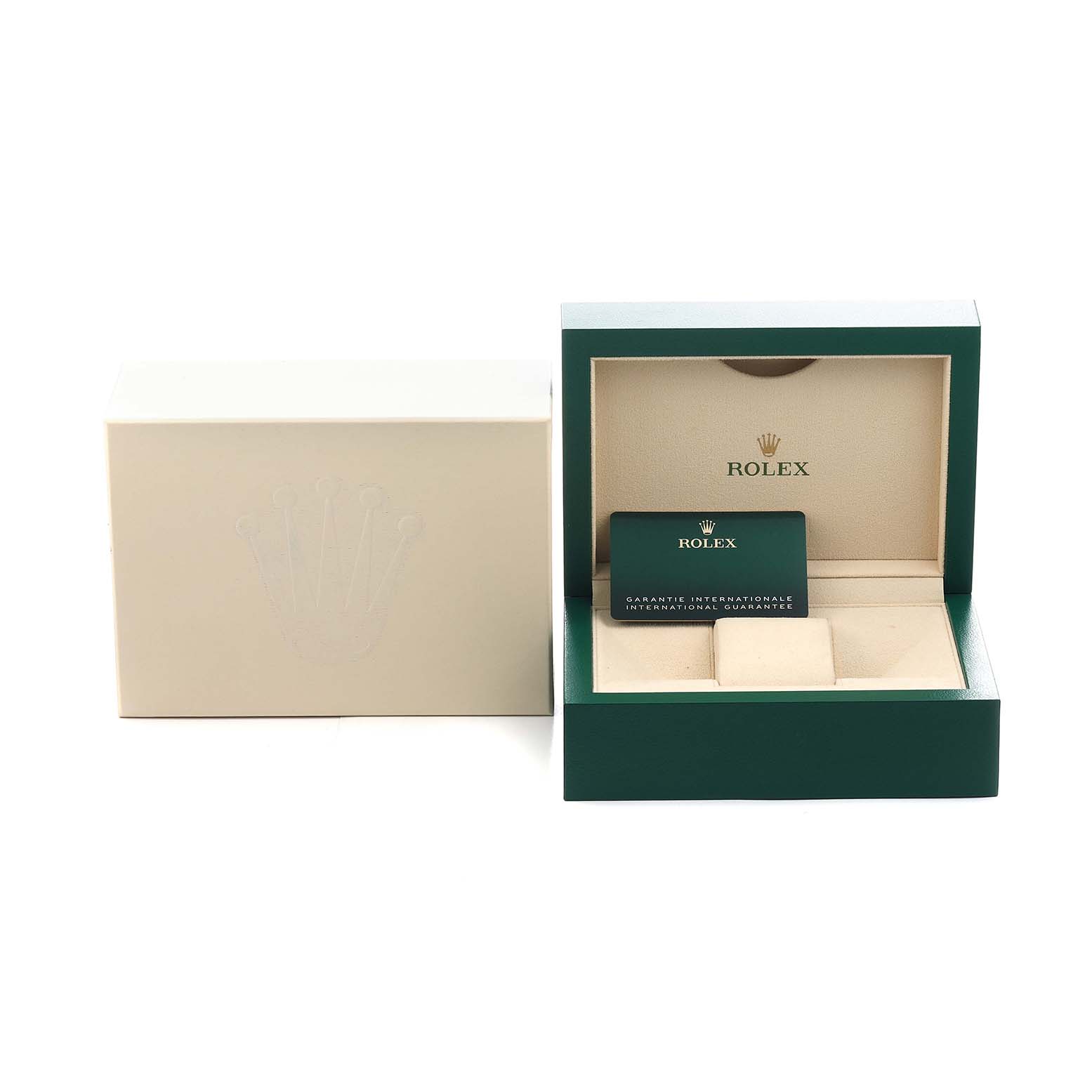 The image shows a Rolex Datejust 126283 Men's Steel and Gold (two tone) Mother of Pearl Dial watch box, opened to display the interior, with the international guarantee card inside.