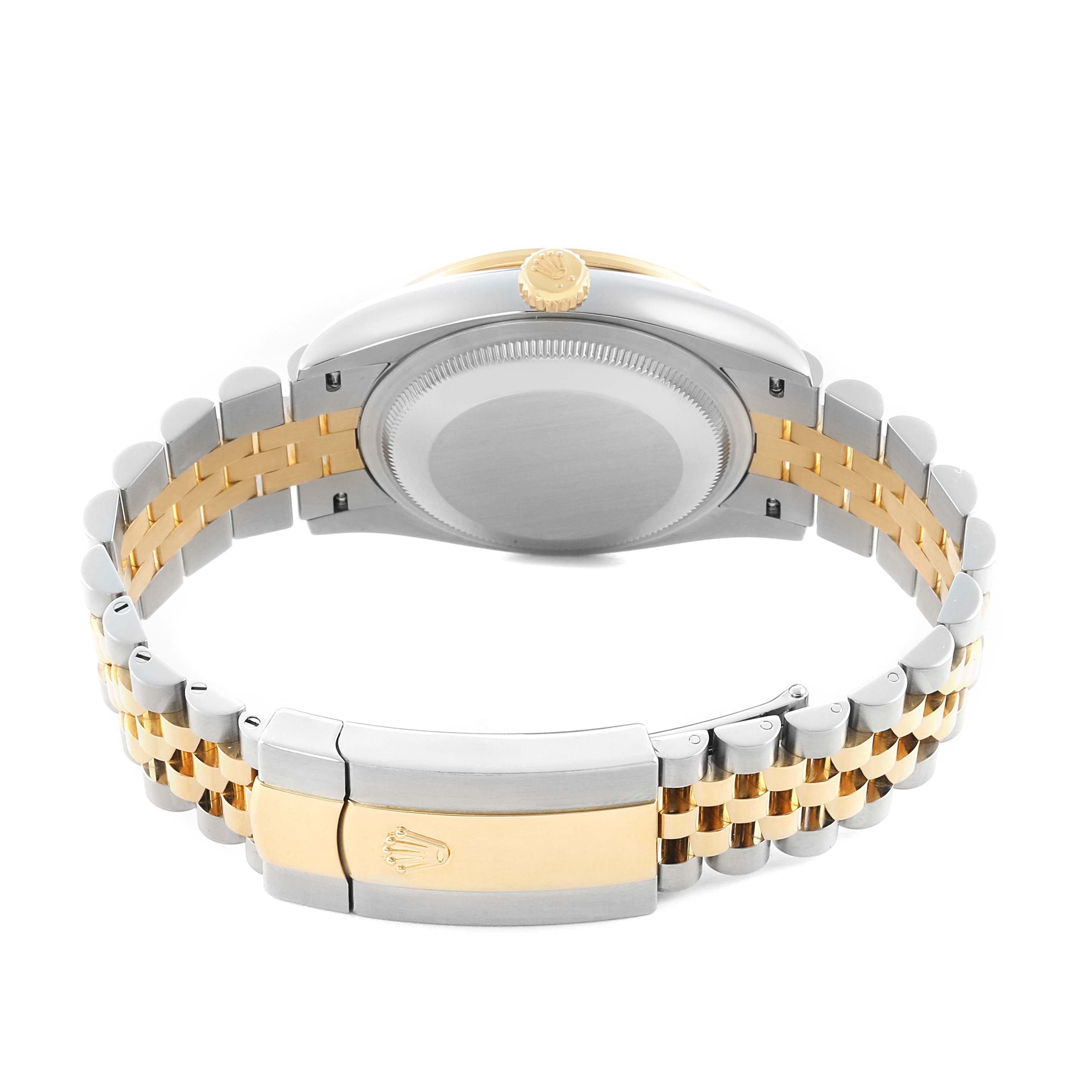 This image shows the back view of the Rolex Datejust 126283 Men's Steel and Gold (two tone) Mother of Pearl Dial, highlighting the case back, bracelet, and clasp.
