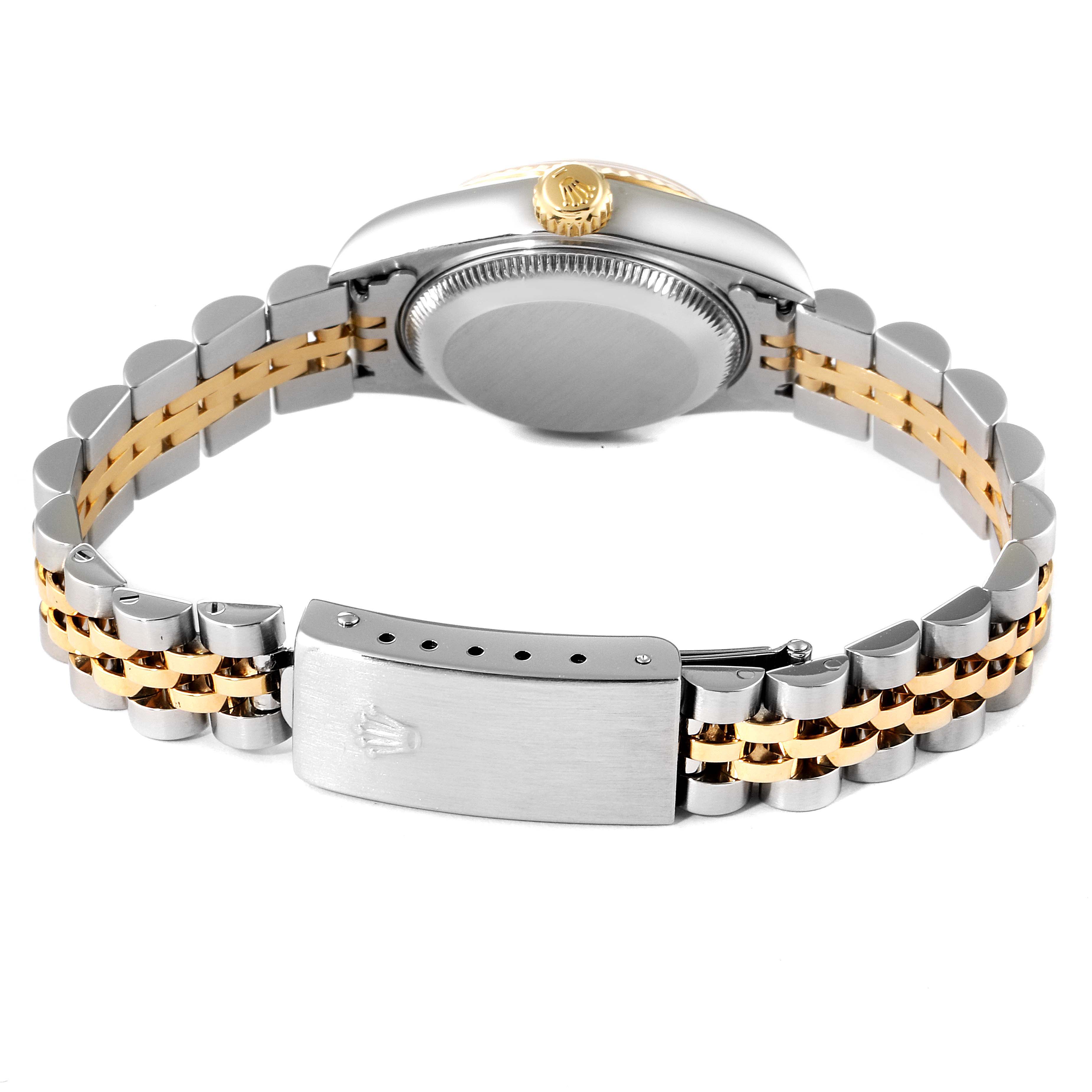 The image shows the back and bracelet clasp of a Rolex Datejust 79173 Women's Steel and Gold (two tone) Mother of Pearl Dial 79173 Women's Steel and Gold (two tone) Mother of Pearl Dial watch from a rear angle.