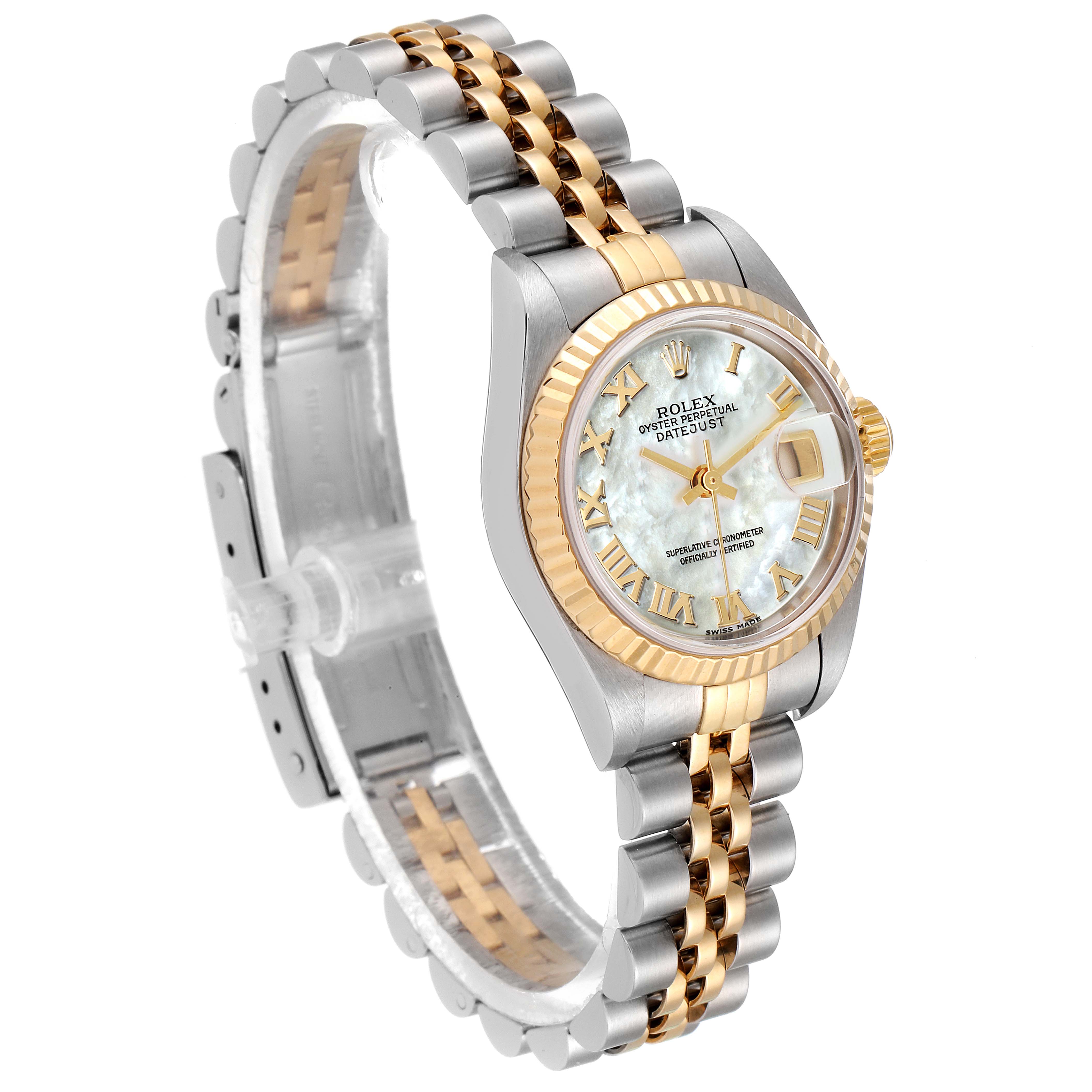The image shows a side-angle view of a Rolex Datejust 79173 Women's Steel and Gold (two tone) Mother of Pearl Dial 79173 Women's Steel and Gold (two tone) Mother of Pearl Dial watch, highlighting its bracelet, bezel, and dial.