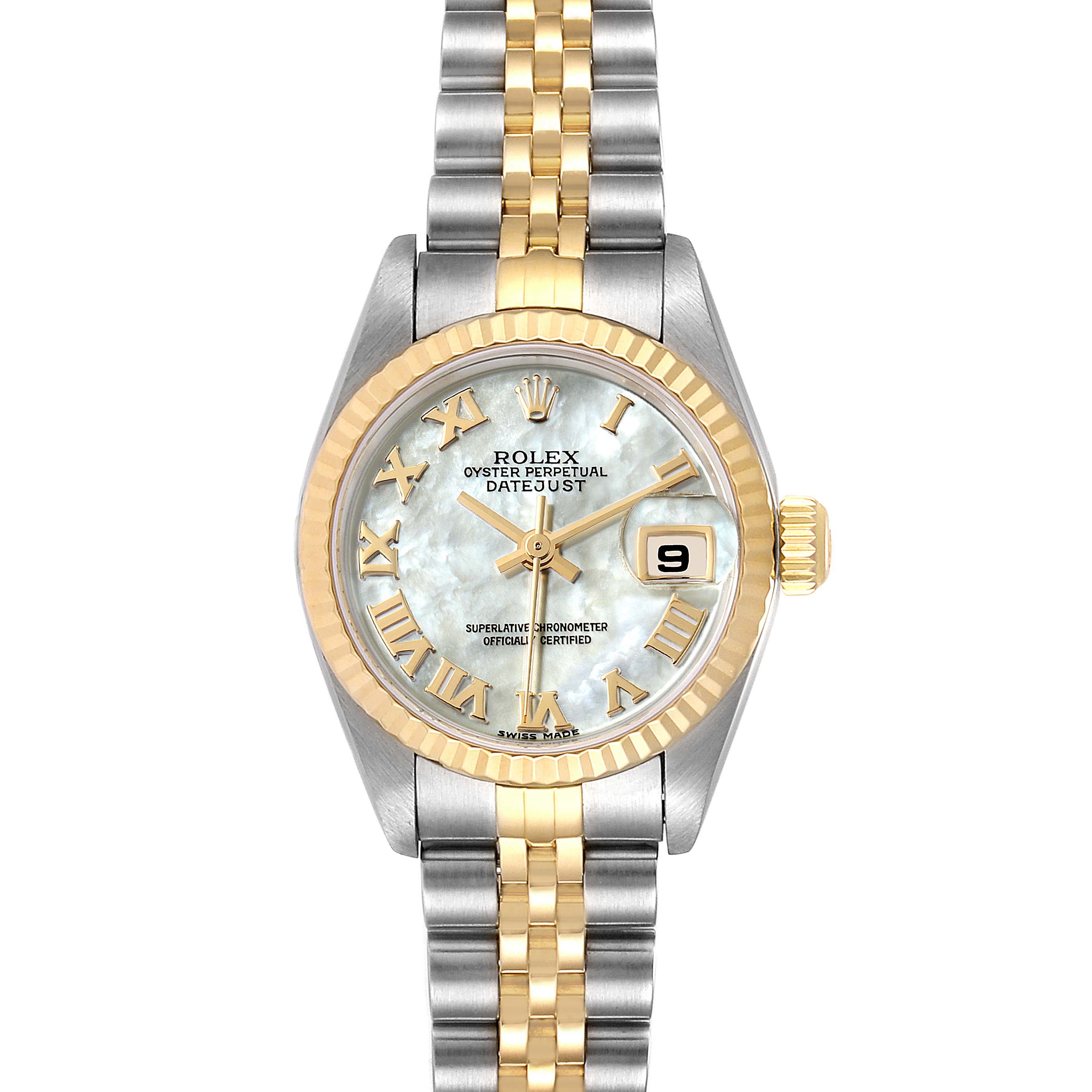 The image shows a front view of a Rolex Datejust 79173 Women's Steel and Gold (two tone) Mother of Pearl Dial 79173 Women's Steel and Gold (two tone) Mother of Pearl Dial watch, highlighting its dial, fluted bezel, and two-tone bracelet.