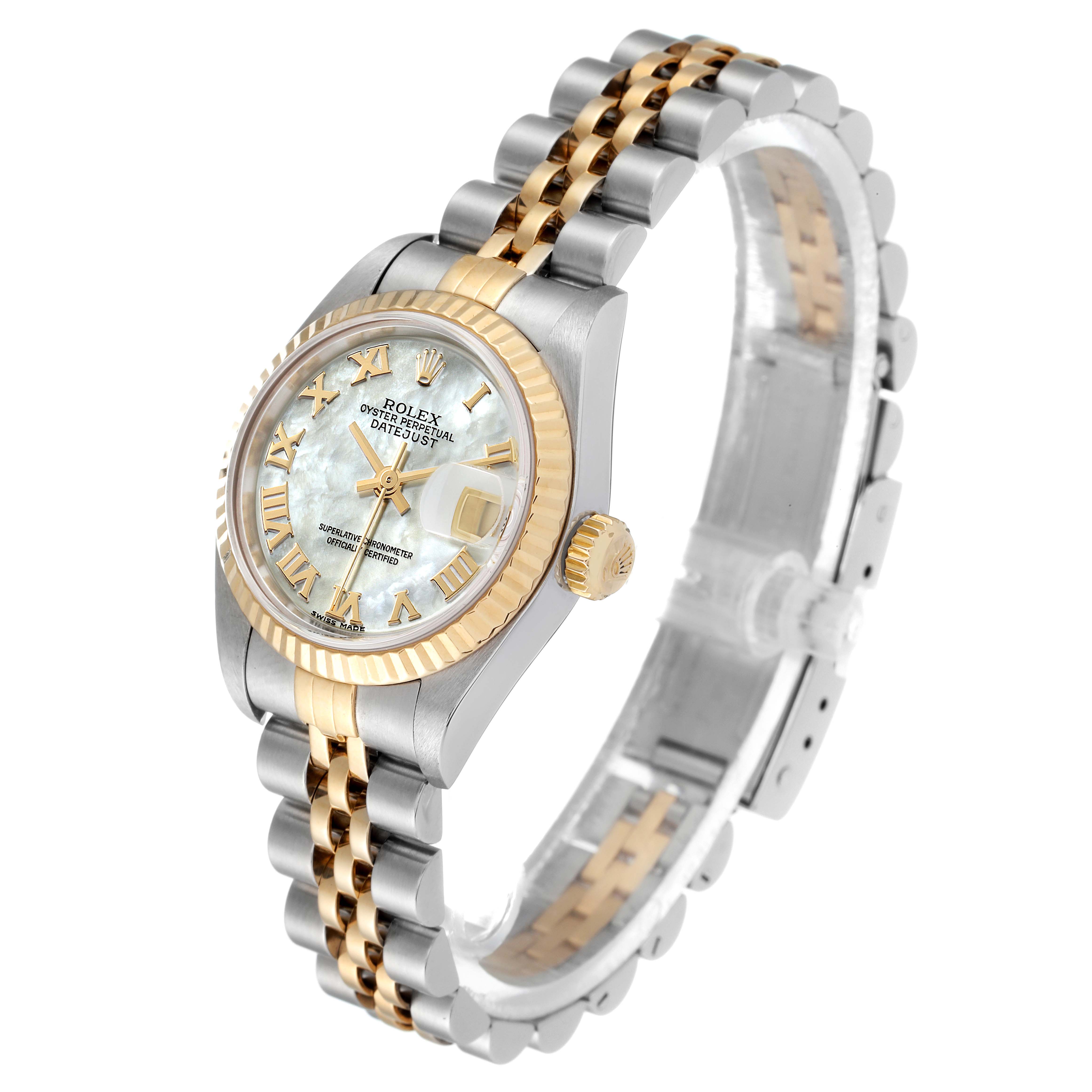 This image shows a Rolex Datejust 79173 Women's Steel and Gold (two tone) Mother of Pearl Dial 79173 Women's Steel and Gold (two tone) Mother of Pearl Dial watch at a three-quarter angle, highlighting the face, bezel, crown, and two-tone bracelet.