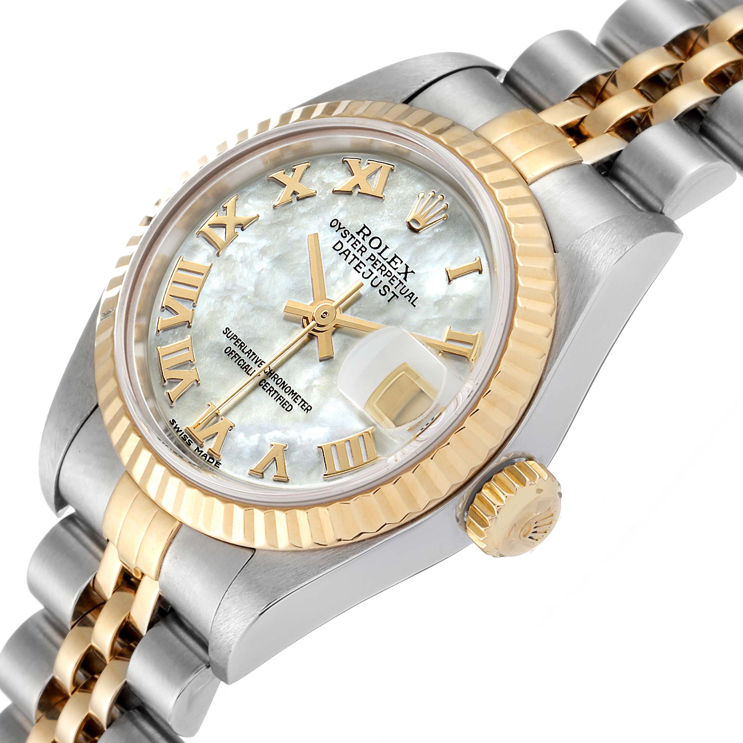 This image shows a close-up, angled view of the Rolex Datejust 79173 Women's Steel and Gold (two tone) Mother of Pearl Dial 79173 Women's Steel and Gold (two tone) Mother of Pearl Dial watch, highlighting the dial, bezel, and part of the bracelet.