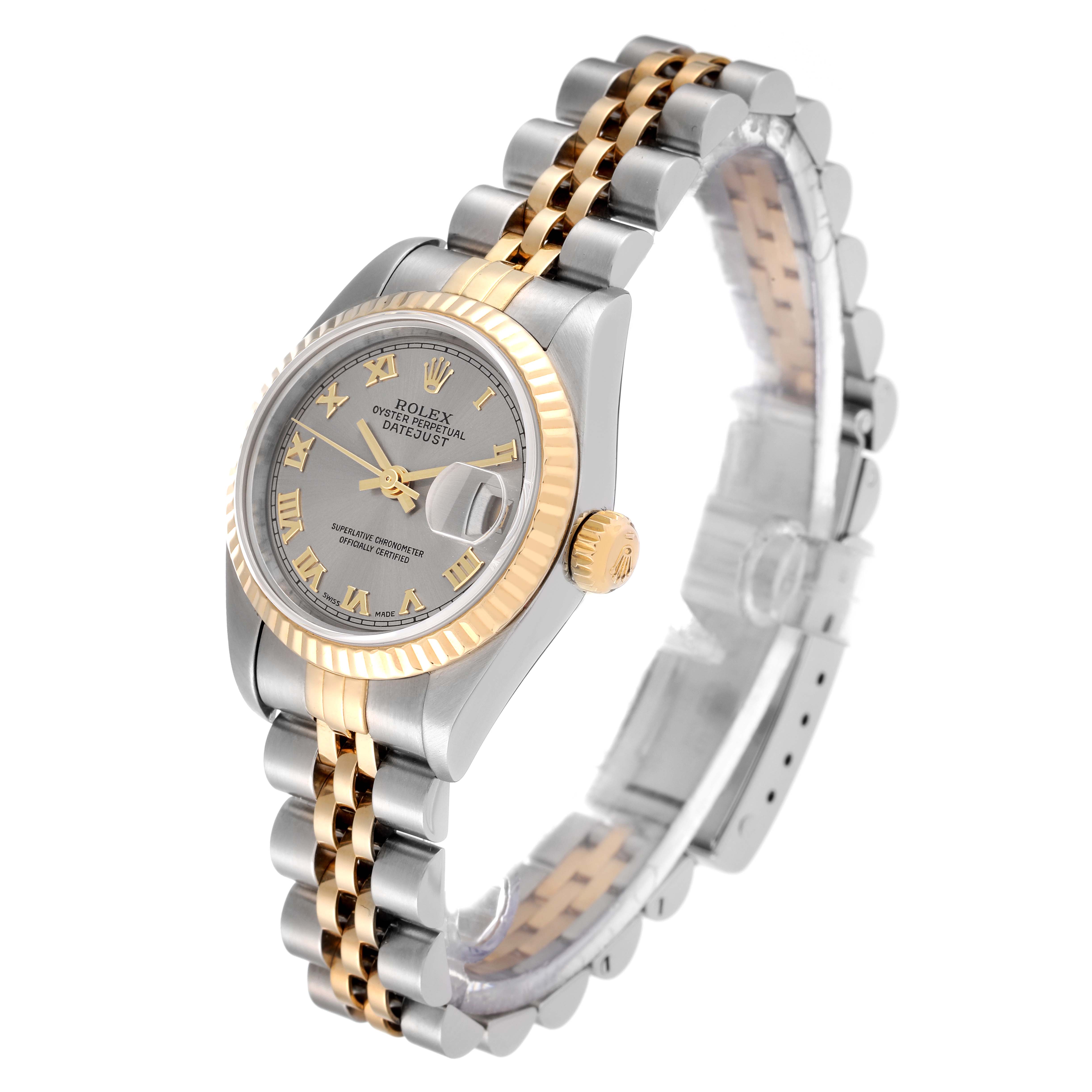 The Rolex Datejust 79173 Women's Steel and Gold (two tone) Grey Dial 79173 Women's Steel and Gold (two tone) Grey Dial model is depicted at a side angle, showing its dial, fluted bezel, crown, and Jubilee bracelet.