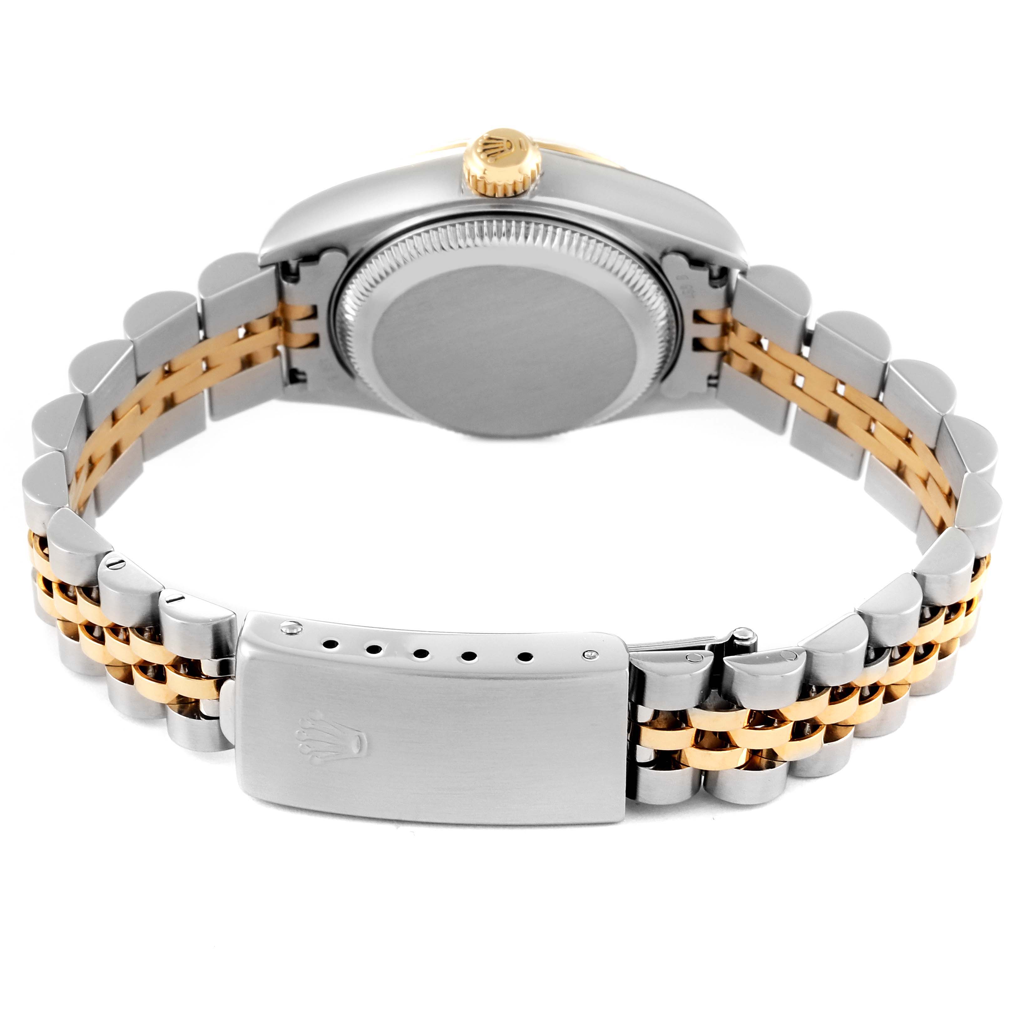 The image shows the back view of a Rolex Datejust 79173 Women's Steel and Gold (two tone) Grey Dial 79173 Women's Steel and Gold (two tone) Grey Dial watch, highlighting the watch case and Jubilee bracelet with clasp.