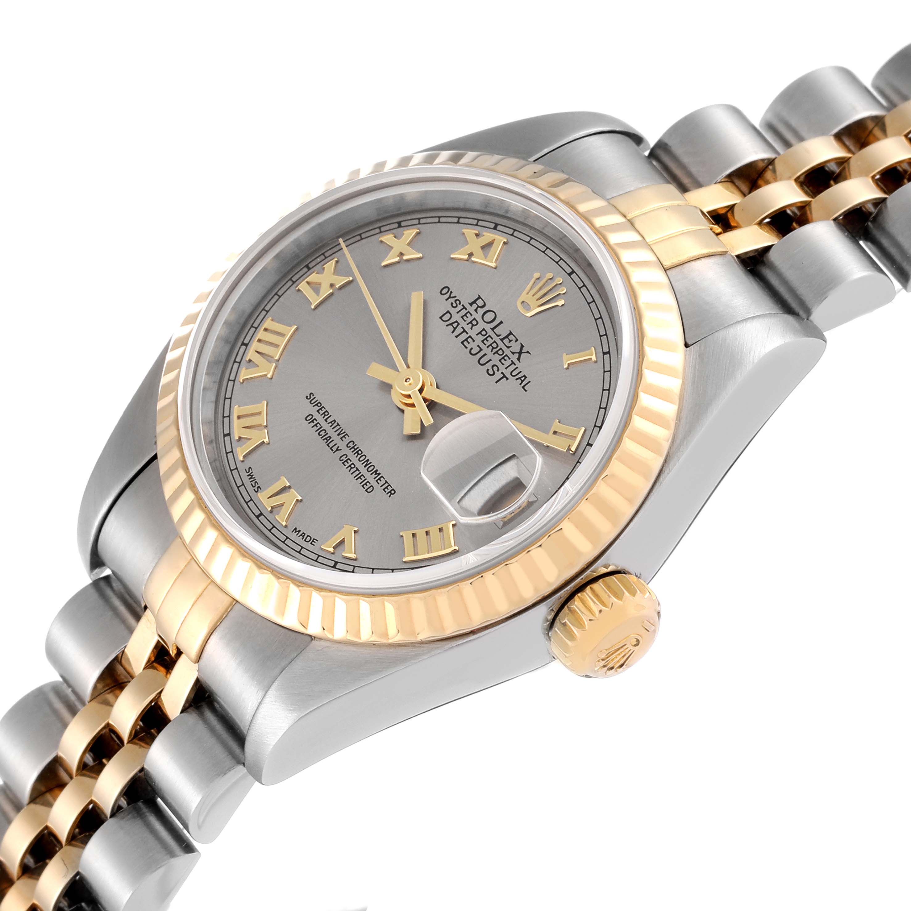 This image shows a Rolex Datejust 79173 Women's Steel and Gold (two tone) Grey Dial 79173 Women's Steel and Gold (two tone) Grey Dial watch at an angle highlighting the dial, fluted bezel, crown, and part of the two-tone bracelet.