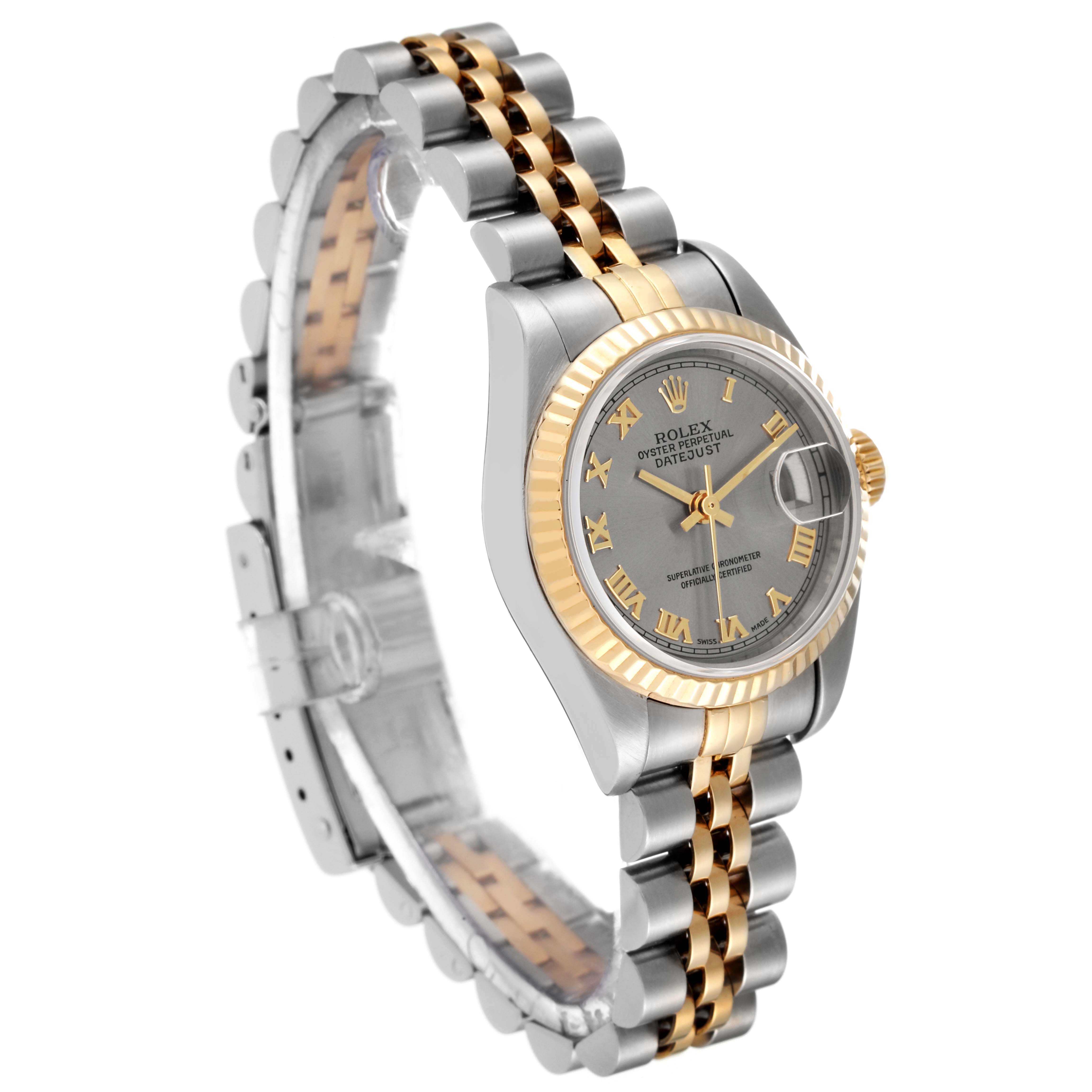 The image shows a Rolex Datejust 79173 Women's Steel and Gold (two tone) Grey Dial 79173 Women's Steel and Gold (two tone) Grey Dial watch at a three-quarter angle, highlighting its two-tone bracelet, case, dial, and bezel.
