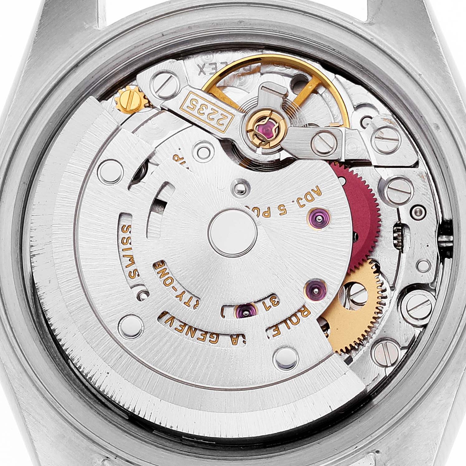 The image shows the internal movement mechanism of a Rolex Datejust 79173 Women's Steel and Gold (two tone) Grey Dial 79173 Women's Steel and Gold (two tone) Grey Dial watch from a top-down angle.