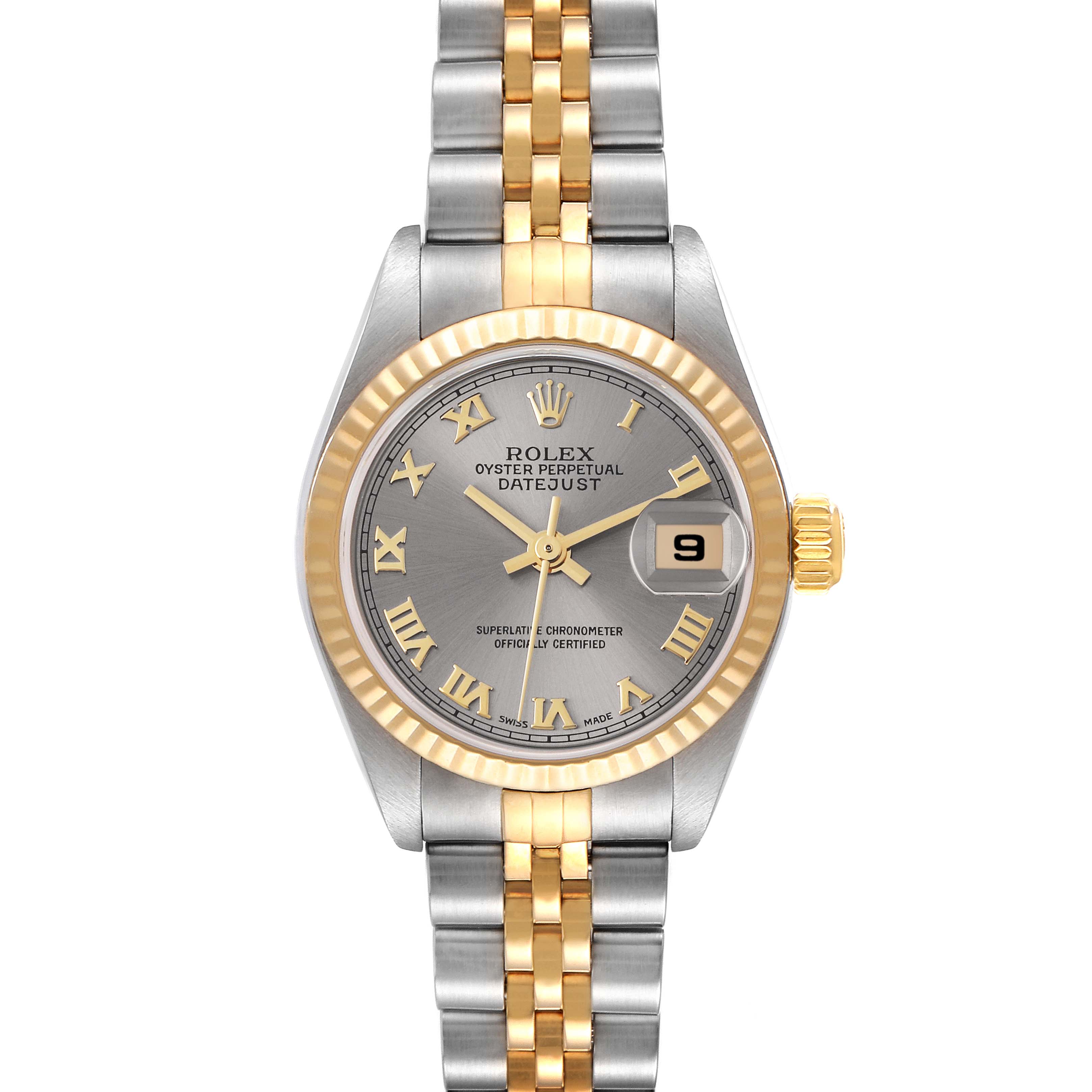 The Rolex Datejust 79173 Women's Steel and Gold (two tone) Grey Dial 79173 Women's Steel and Gold (two tone) Grey Dial watch is shown from a front angle, displaying the face, bezel, crown, and bracelet.