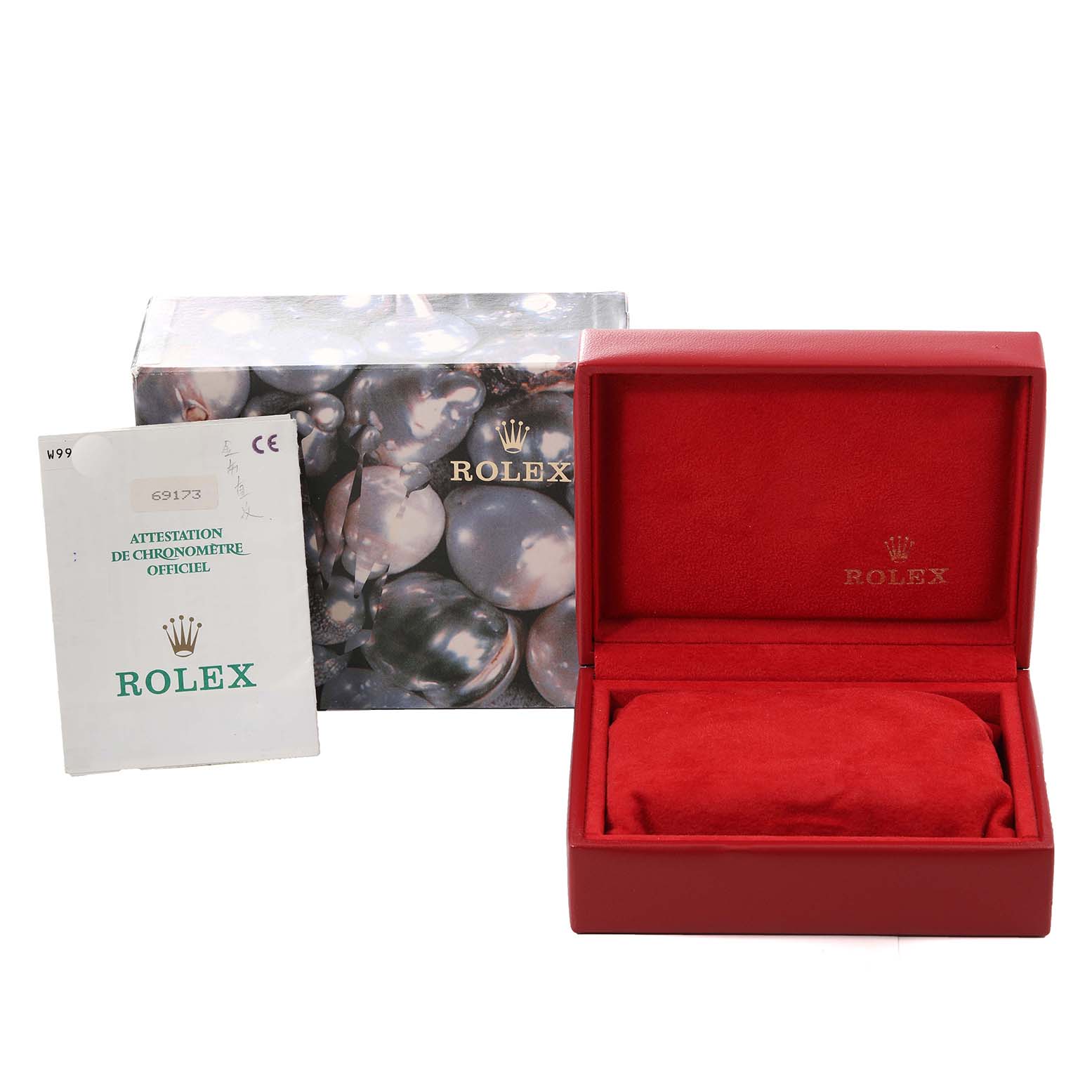 The image shows the packaging and certification booklet for a Rolex Datejust 69173 Women's Steel and Gold (two tone) Champagne Dial 69173 Women's Steel and Gold (two tone) Champagne Dial watch, including a red watch box and outer box.