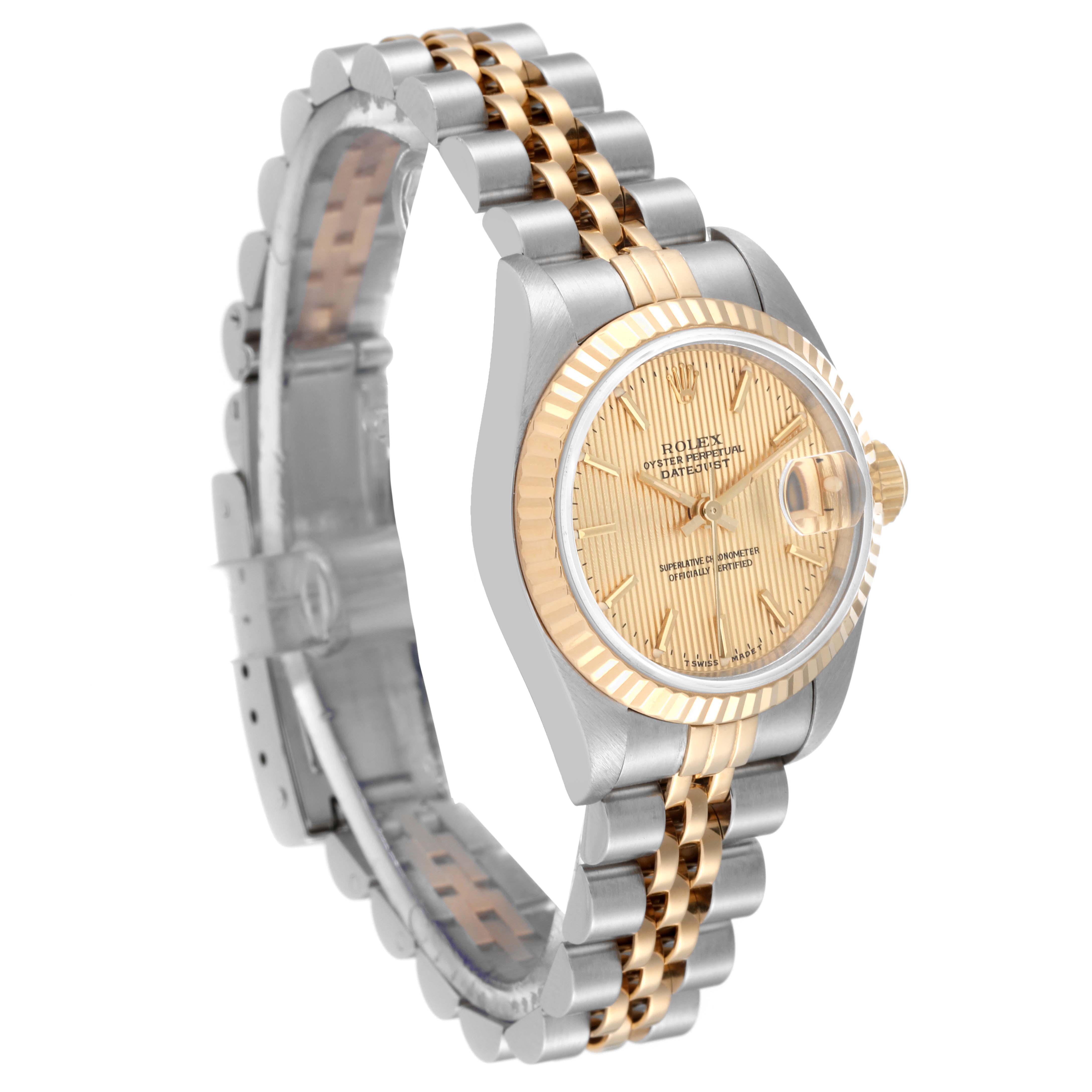 The image shows a Rolex Datejust 69173 Women's Steel and Gold (two tone) Champagne Dial 69173 Women's Steel and Gold (two tone) Champagne Dial watch at a slight angle, displaying the dial, fluted bezel, and two-tone bracelet.