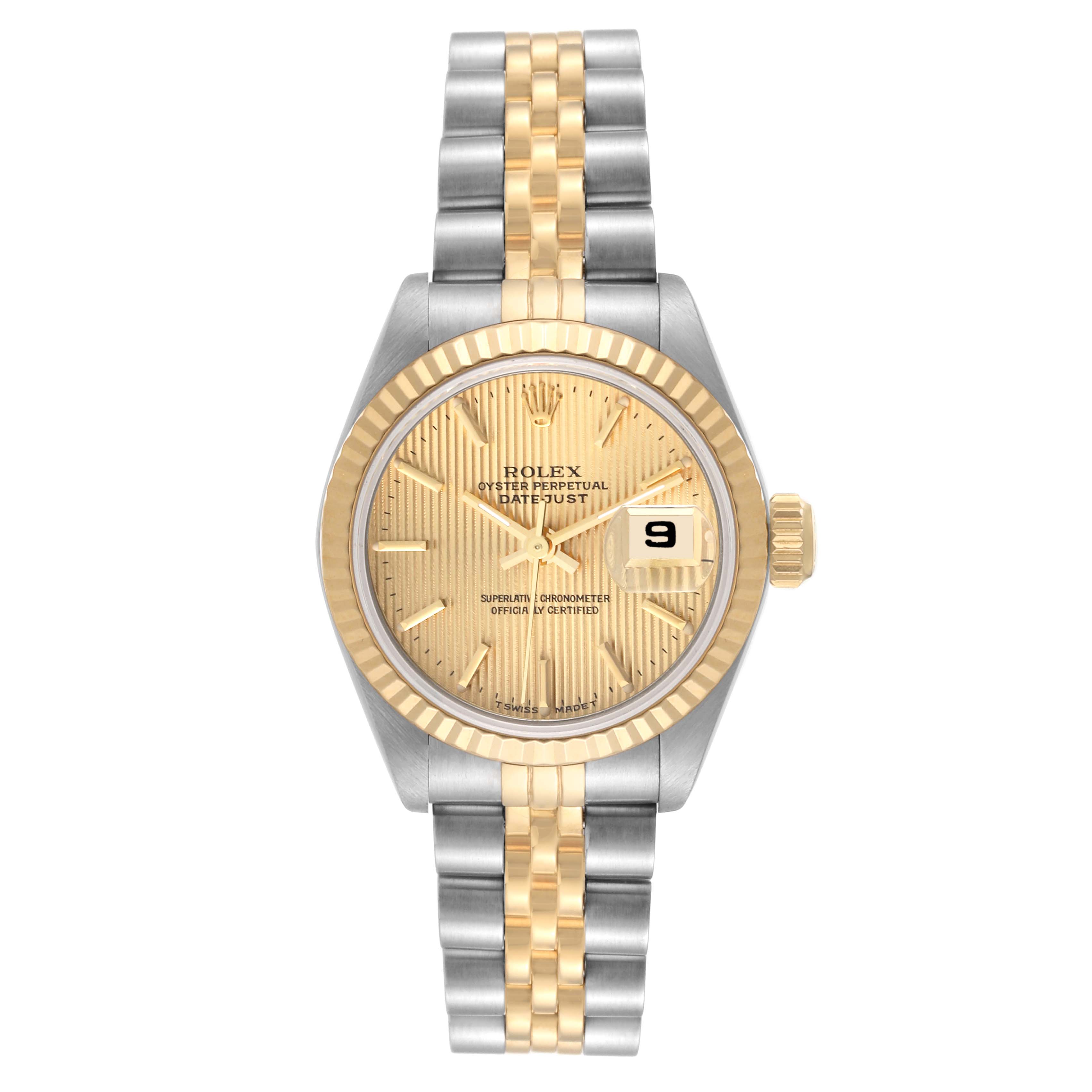 This image shows a front view of a Rolex Datejust 69173 Women's Steel and Gold (two tone) Champagne Dial 69173 Women's Steel and Gold (two tone) Champagne Dial watch, featuring a gold dial, and two-tone bracelet.