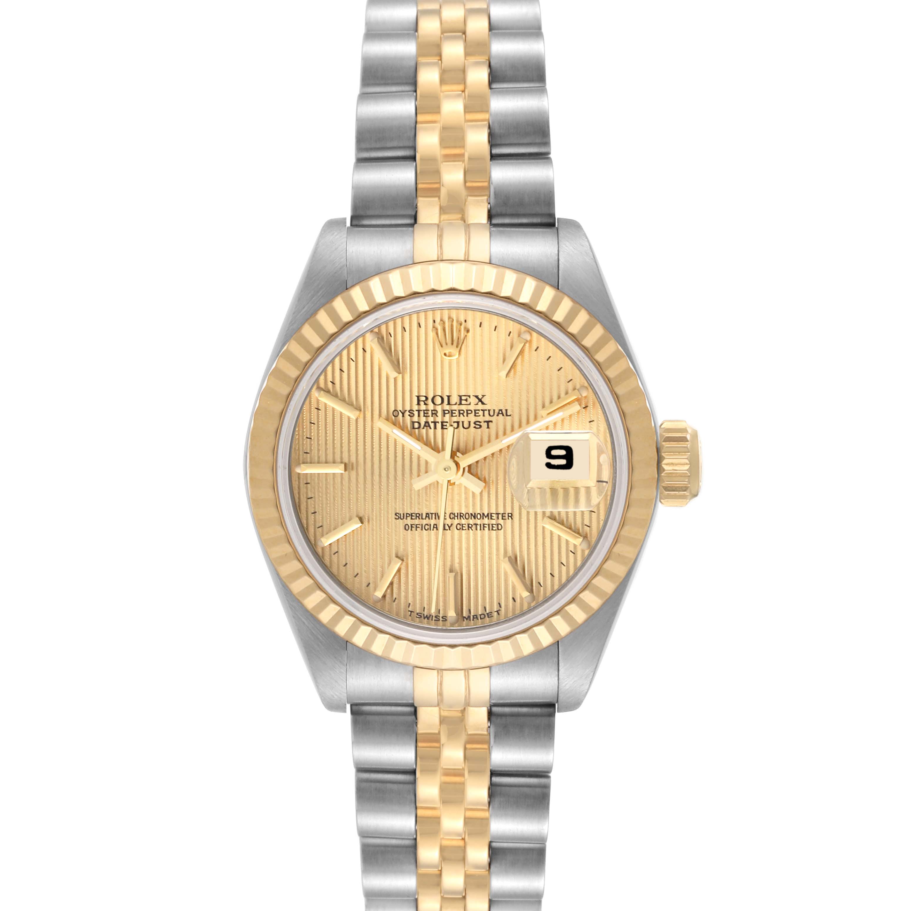 The image shows a front view of a Rolex Datejust 69173 Women's Steel and Gold (two tone) Champagne Dial 69173 Women's Steel and Gold (two tone) Champagne Dial watch, highlighting the dial, bezel, and bracelet.