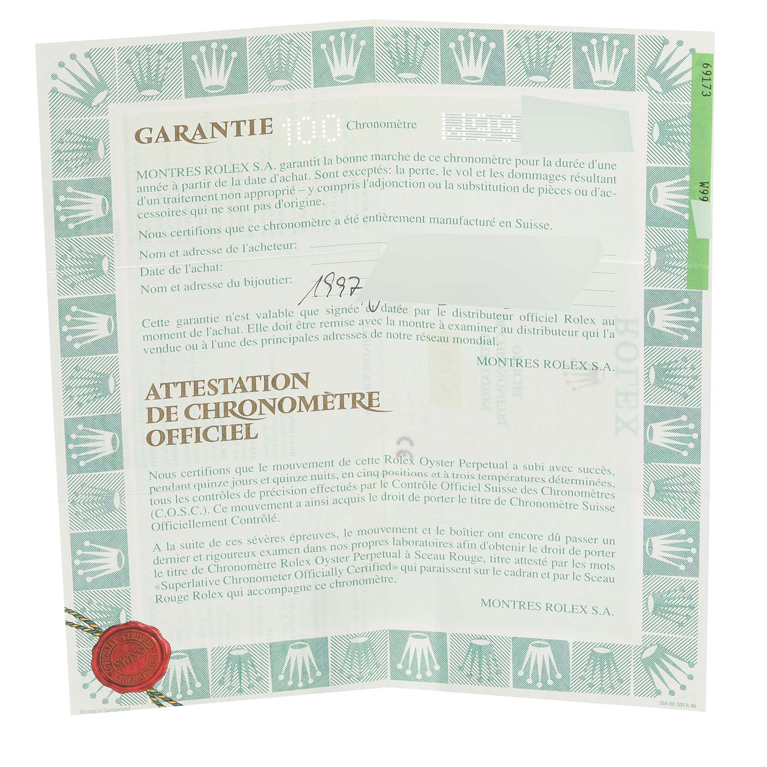 The image shows the official Rolex warranty and chronometer certification for a Datejust model.