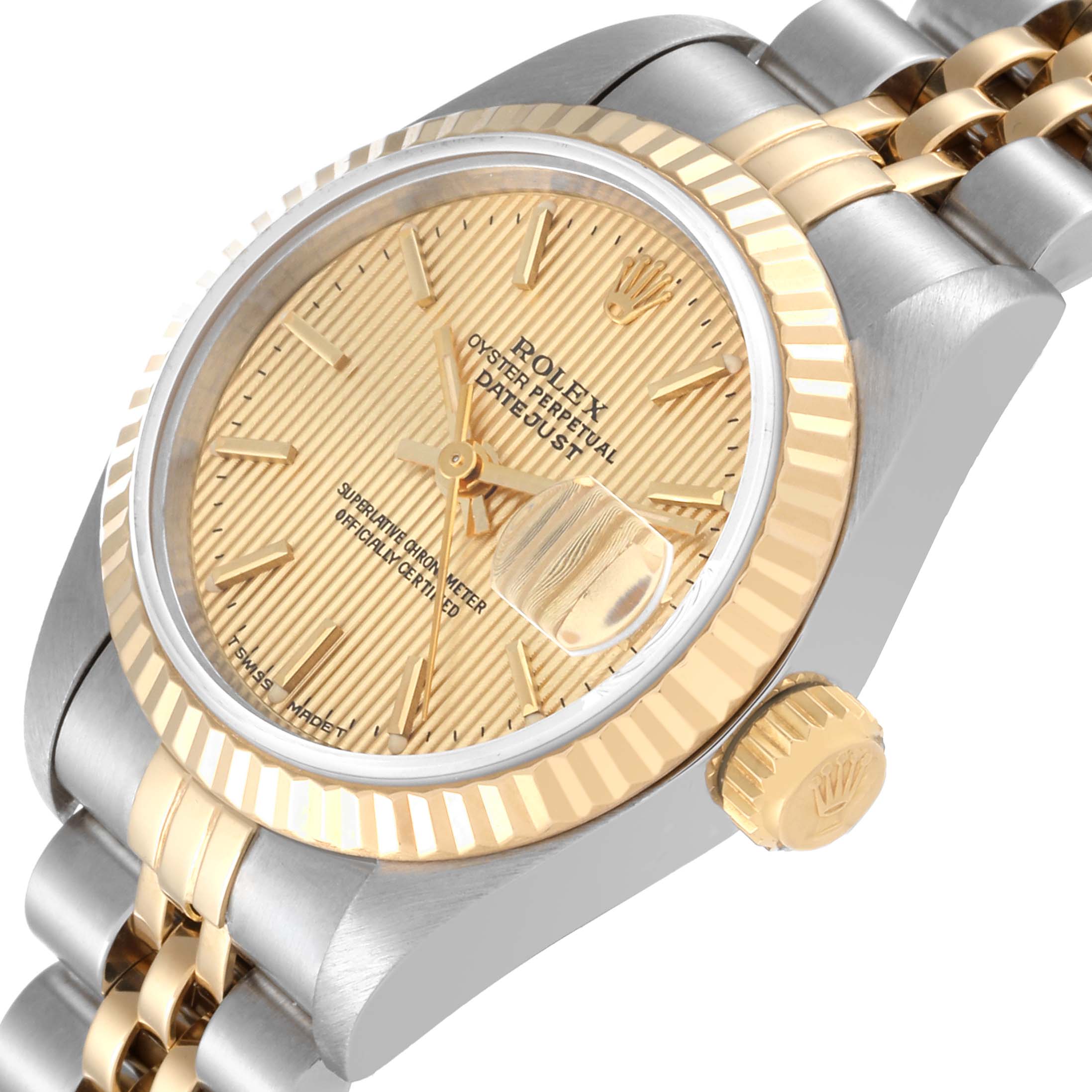 The image shows a close-up angle of a Rolex Datejust 69173 Women's Steel and Gold (two tone) Champagne Dial 69173 Women's Steel and Gold (two tone) Champagne Dial watch, highlighting its face, bezel, and part of its bracelet.
