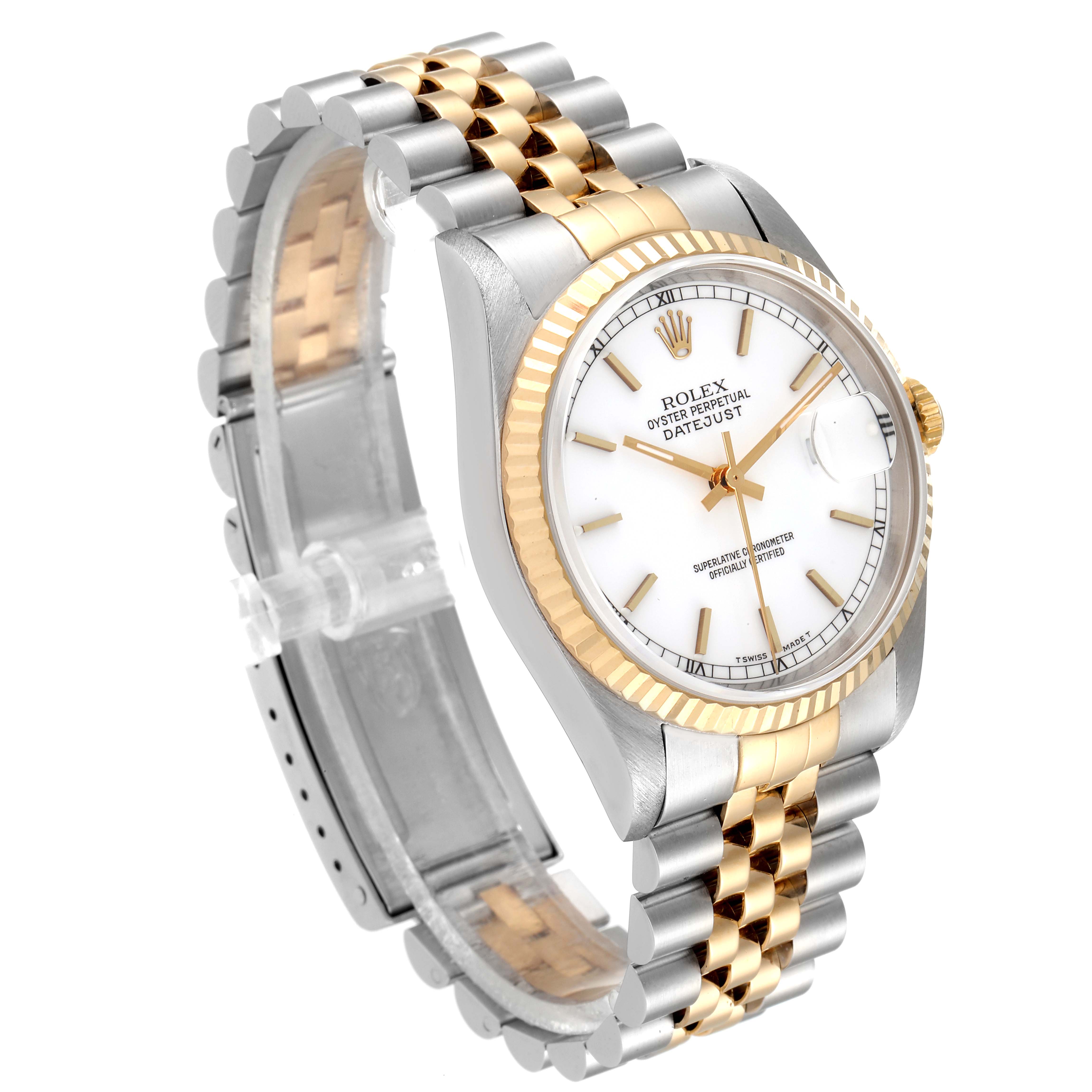 The Rolex Datejust 16233 Men's Steel and Gold (two tone) White Dial 16233 Men's Steel and Gold (two tone) White Dial watch is shown at a three-quarter angle, highlighting its gold and silver bracelet, white dial, and fluted bezel.