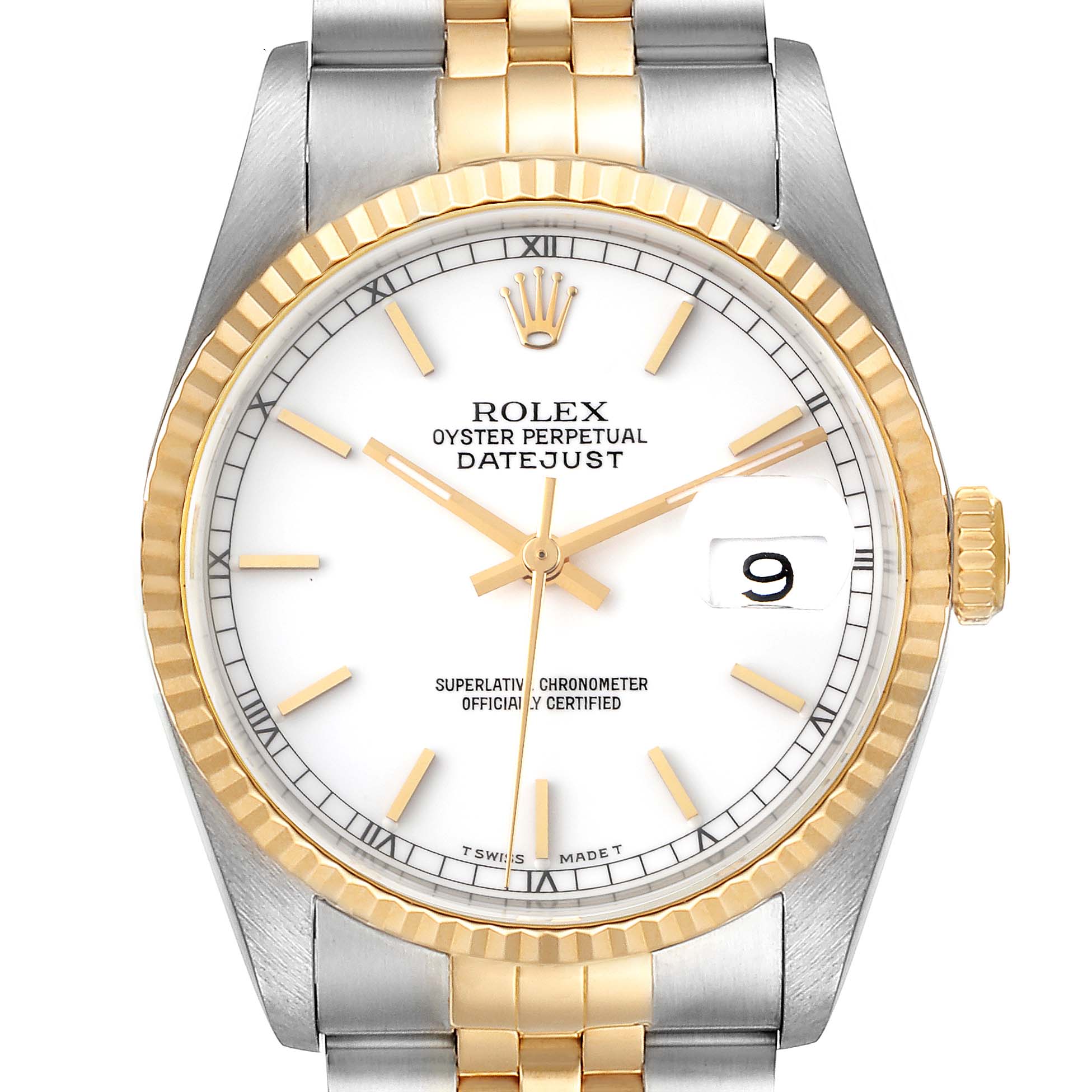 This is a frontal view of the Rolex Datejust 16233 Men's Steel and Gold (two tone) White Dial 16233 Men's Steel and Gold (two tone) White Dial watch, showcasing its dial, hands, bezel, crown, and part of the bracelet.