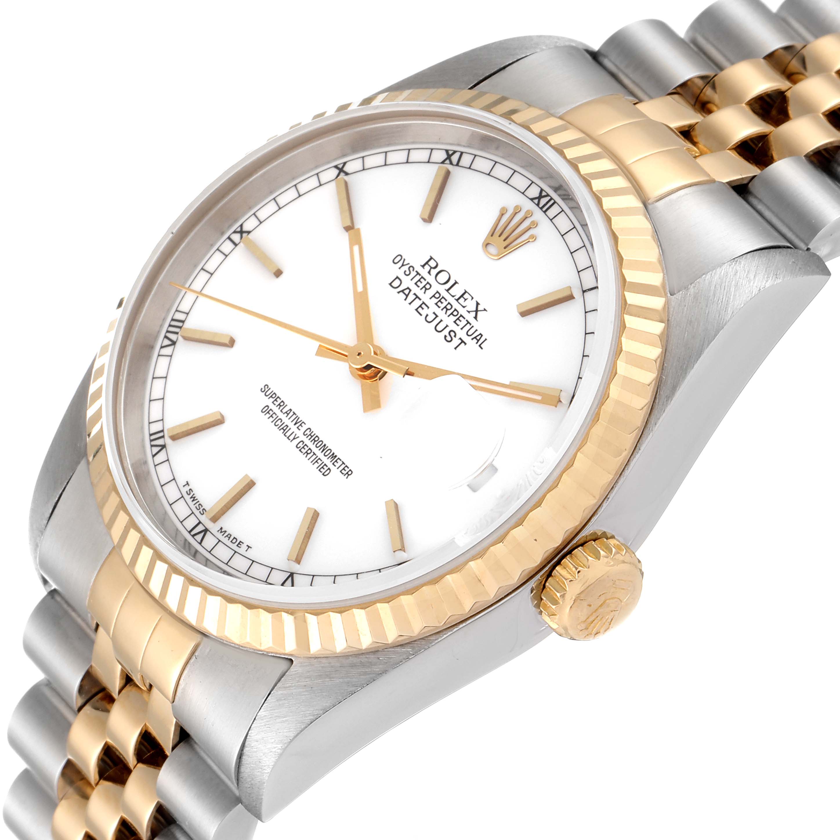 This image shows a close-up angled view of a two-tone Rolex Datejust 16233 Men's Steel and Gold (two tone) White Dial 16233 Men's Steel and Gold (two tone) White Dial watch, highlighting its bezel, crown, and part of the bracelet.