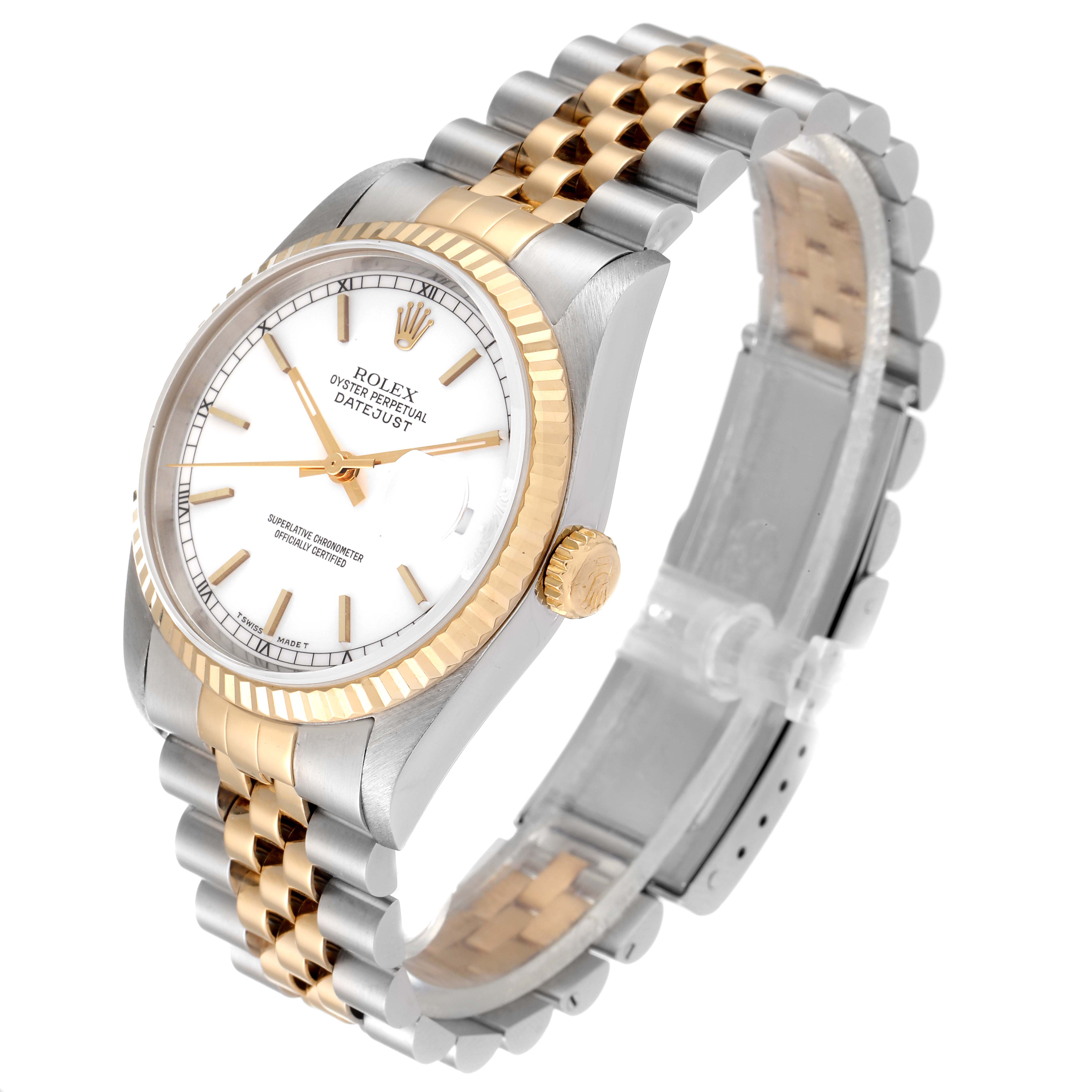This image shows a Rolex Datejust 16233 Men's Steel and Gold (two tone) White Dial 16233 Men's Steel and Gold (two tone) White Dial watch at a three-quarter angle, highlighting its two-tone bracelet and fluted bezel.