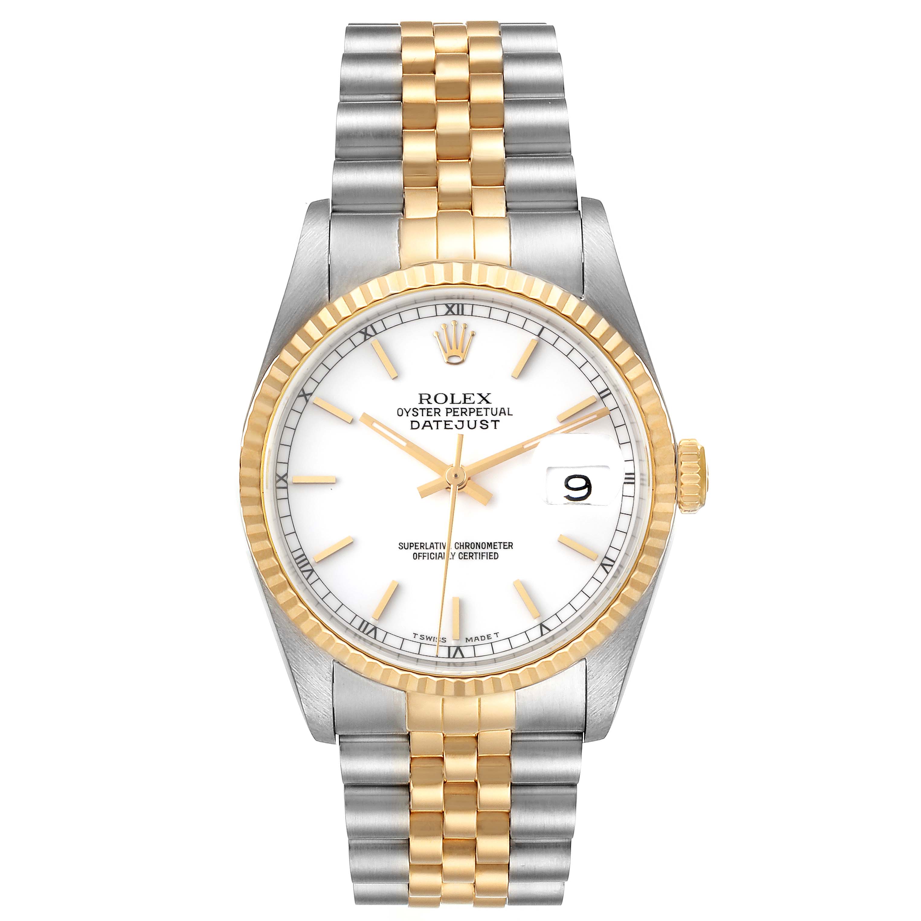 This image shows a front view of a Rolex Datejust 16233 Men's Steel and Gold (two tone) White Dial 16233 Men's Steel and Gold (two tone) White Dial watch, highlighting its two-tone bracelet, fluted bezel, and white dial.