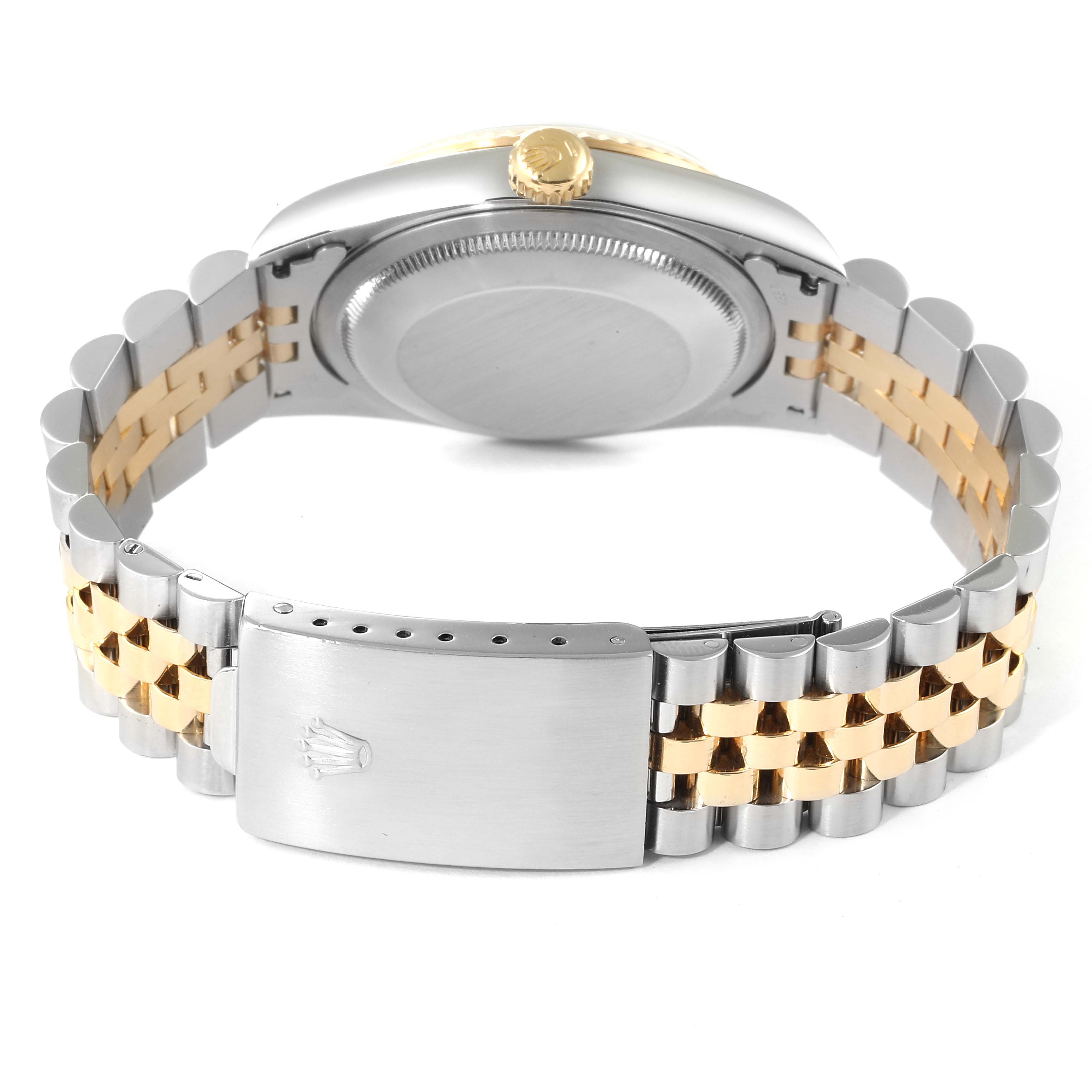 The image shows the back view of a Rolex Datejust 16233 Men's Steel and Gold (two tone) White Dial 16233 Men's Steel and Gold (two tone) White Dial watch, highlighting its bracelet and clasp.