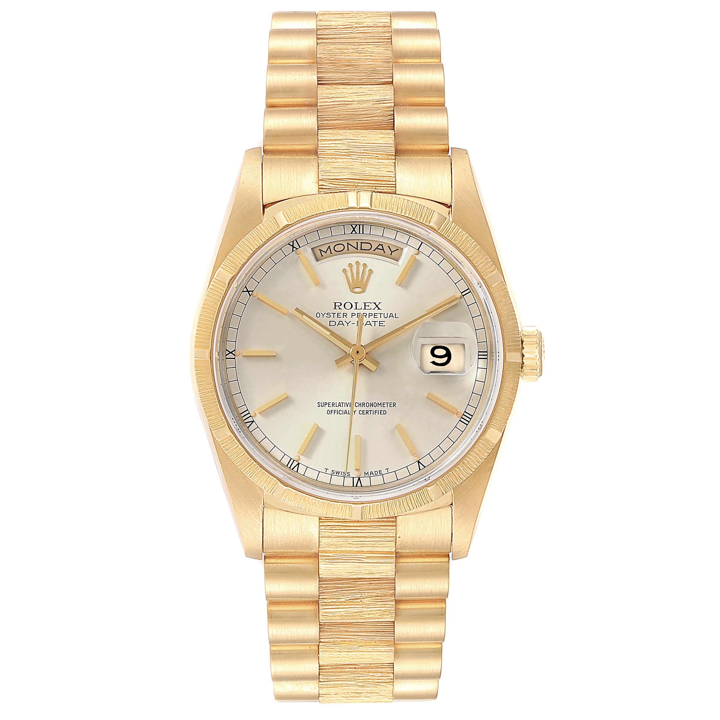 The Rolex President 18248 Men's Yellow Gold Silver Dial 18248 Men's Yellow Gold Silver Dial model watch is shown from a front angle, displaying its bracelet, dial, day/date features, and hands.