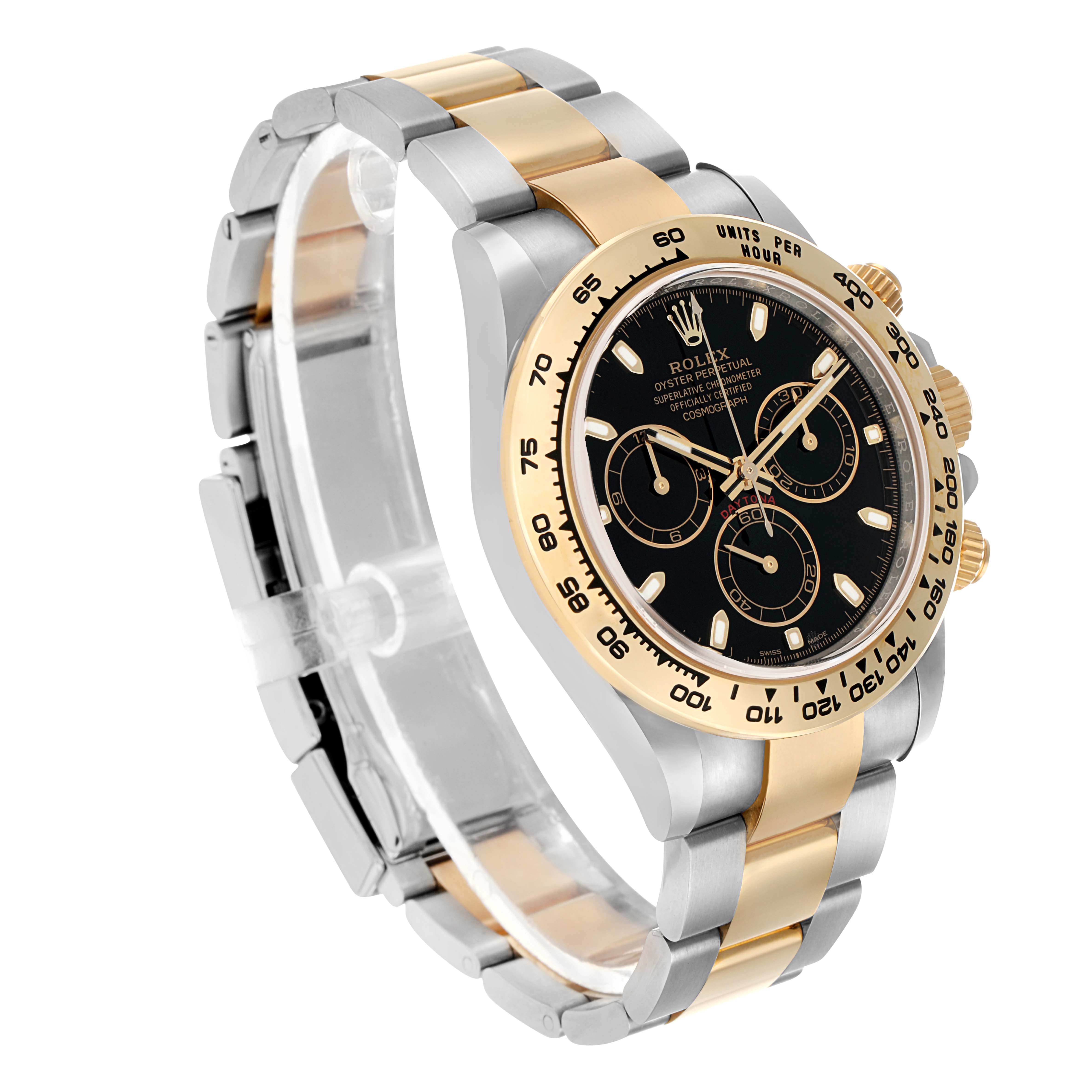 The Rolex Daytona 116503 Men's Steel and Gold (two tone) Black Dial watch is shown at a three-quarter angle, displaying the bezel, dial, pushers, and bracelet distinctly.