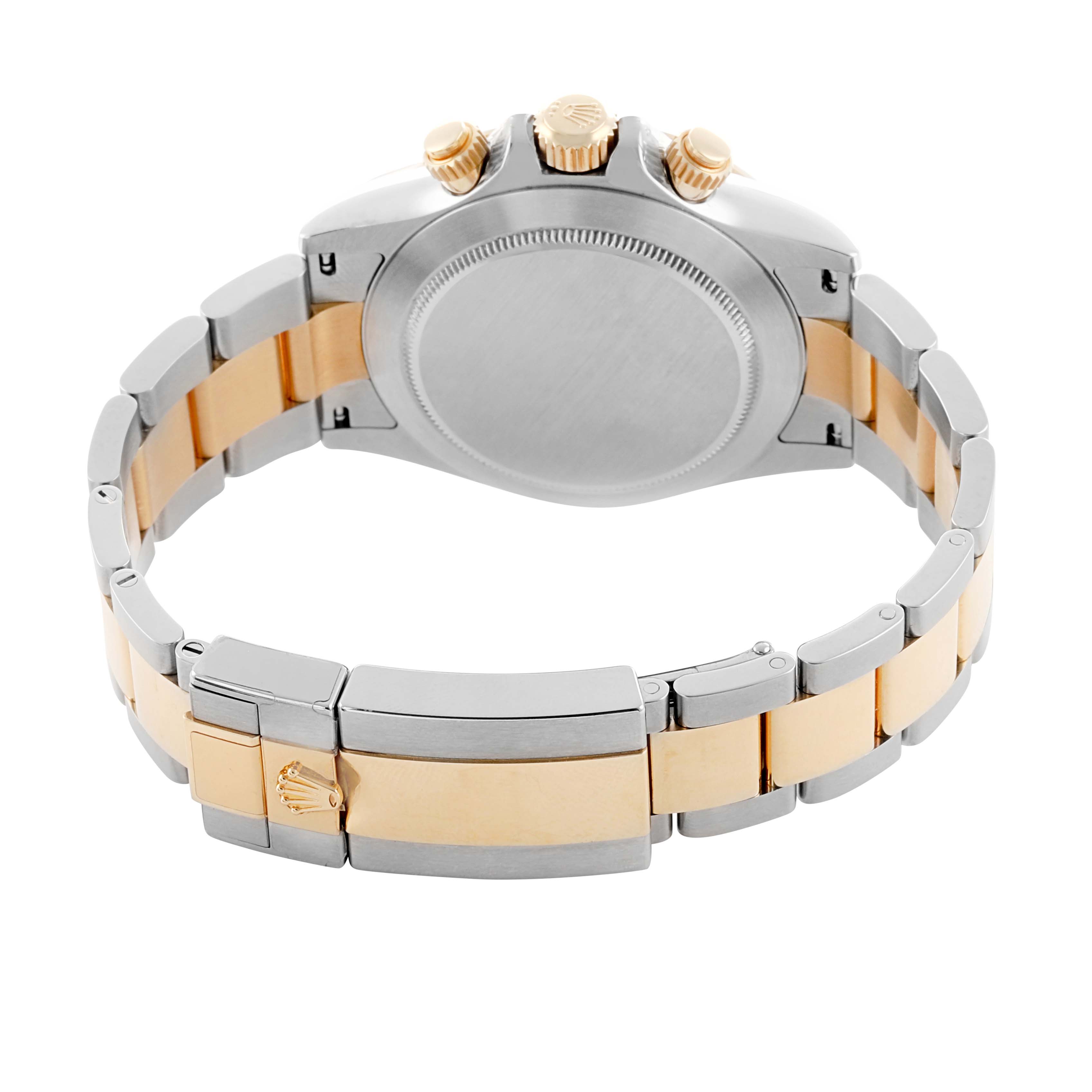 The image shows the back and bracelet of a Rolex Daytona 116503 Men's Steel and Gold (two tone) Black Dial watch, featuring gold and silver links, with the crown and chronograph pushers visible.