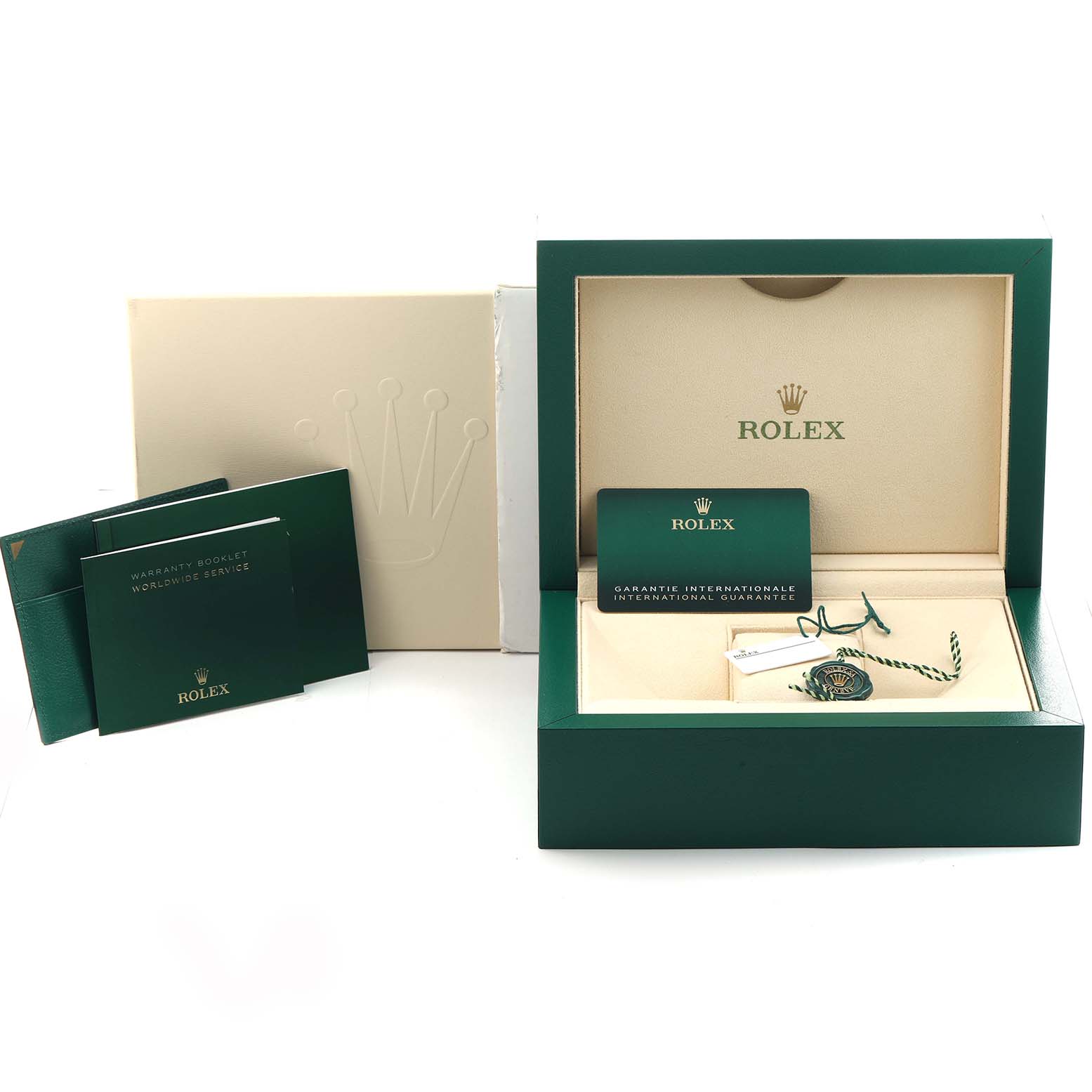 The image shows Rolex Daytona 116503 Men's Steel and Gold (two tone) Black Dial watch packaging with a box, warranty booklets, and a tag.