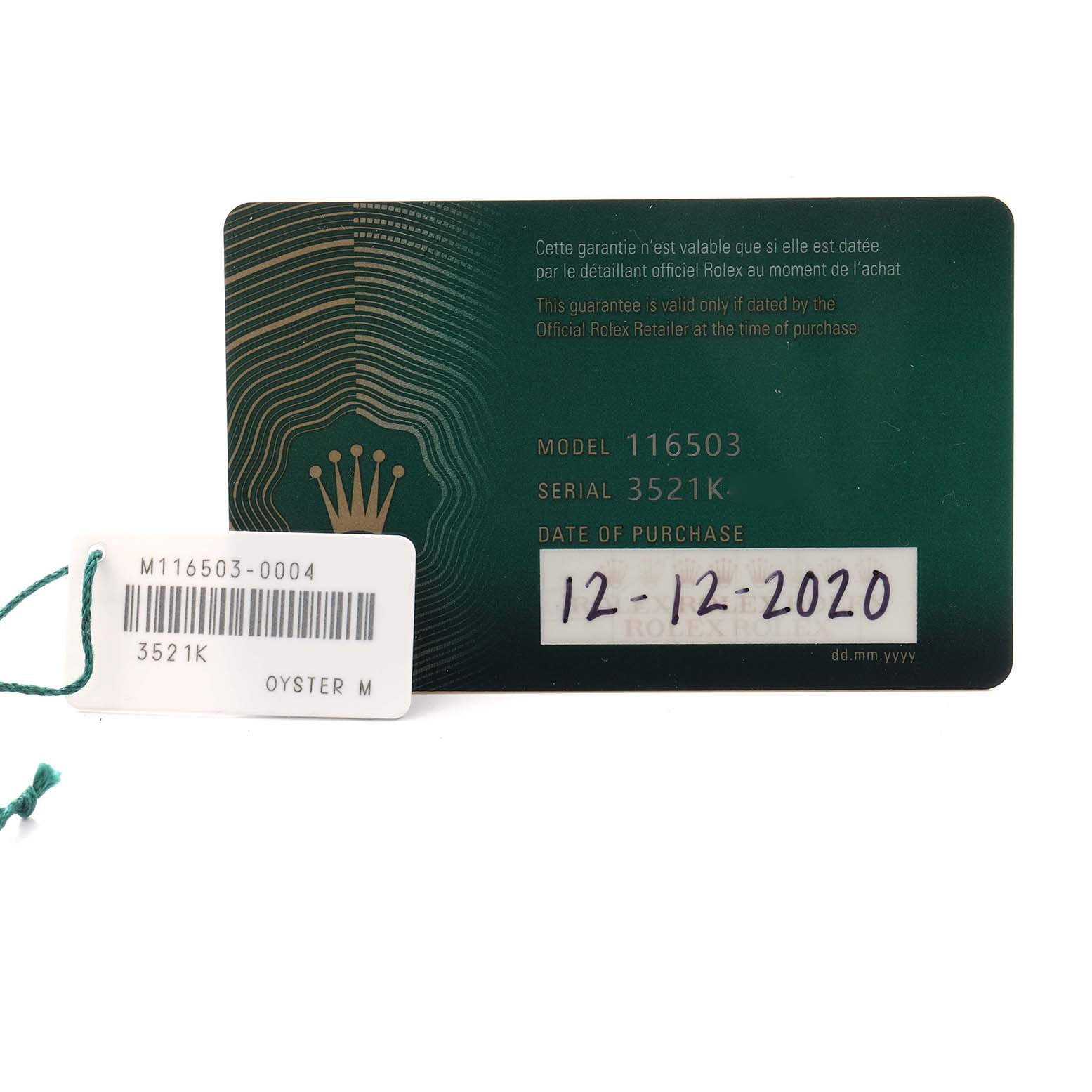 The image shows a warranty card and tag for the Rolex Daytona 116503 Men's Steel and Gold (two tone) Black Dial model, displaying model and serial numbers.