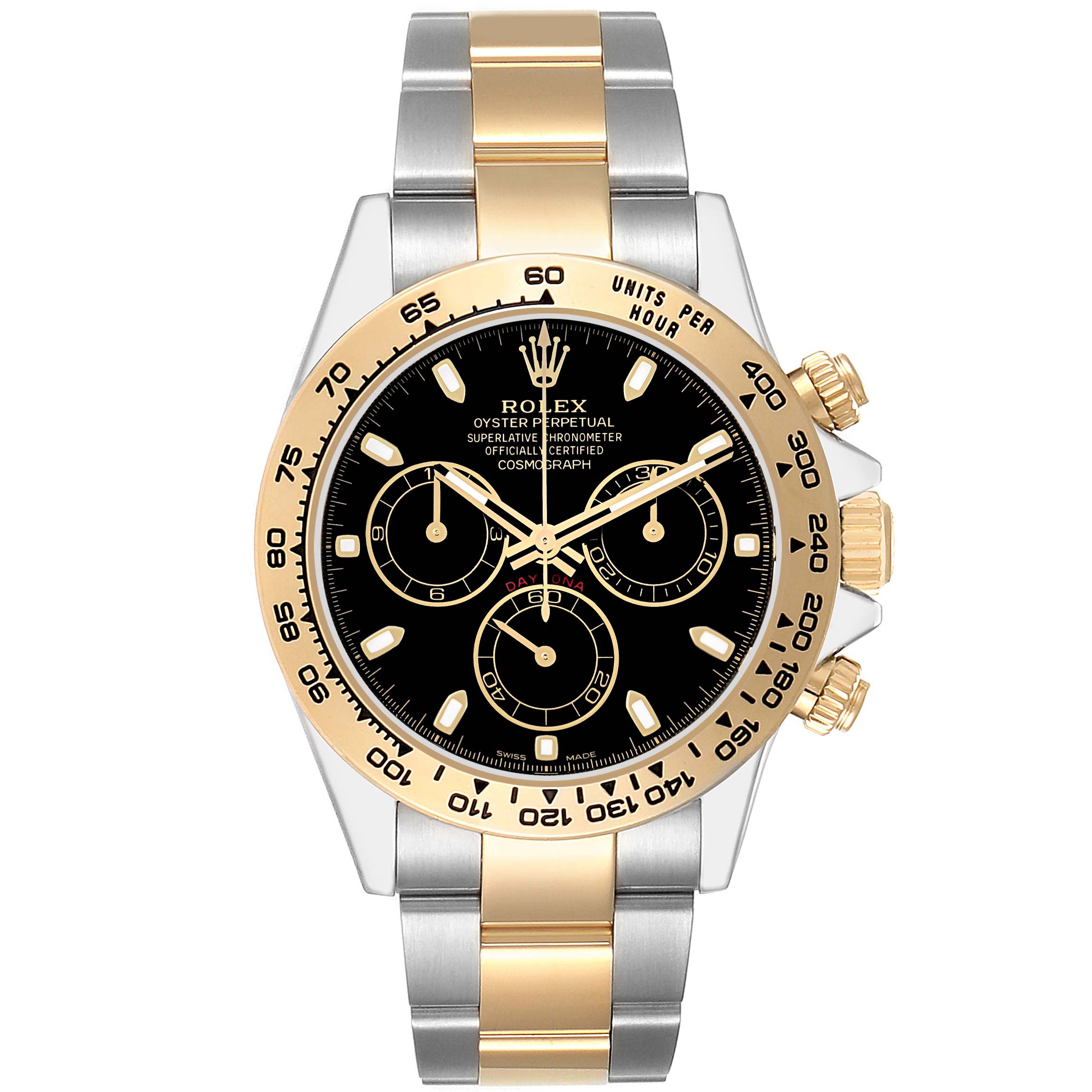 The Rolex Daytona 116503 Men's Steel and Gold (two tone) Black Dial watch is shown from a front view, highlighting its gold and silver bracelet, black dial, and gold bezel.