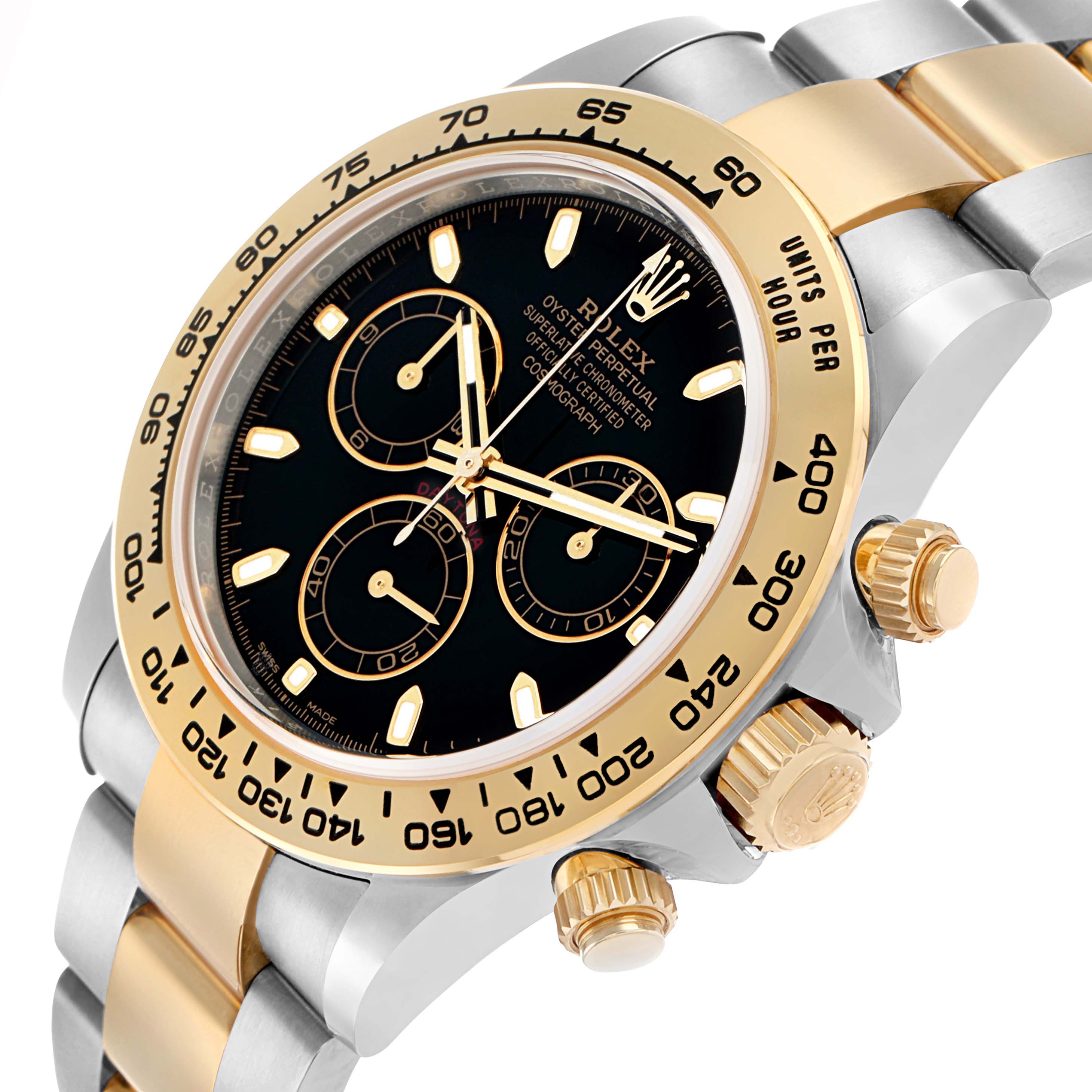 The Rolex Daytona 116503 Men's Steel and Gold (two tone) Black Dial watch is shown at a slight angle, highlighting the bezel, dial, crown, and chronograph pushers.