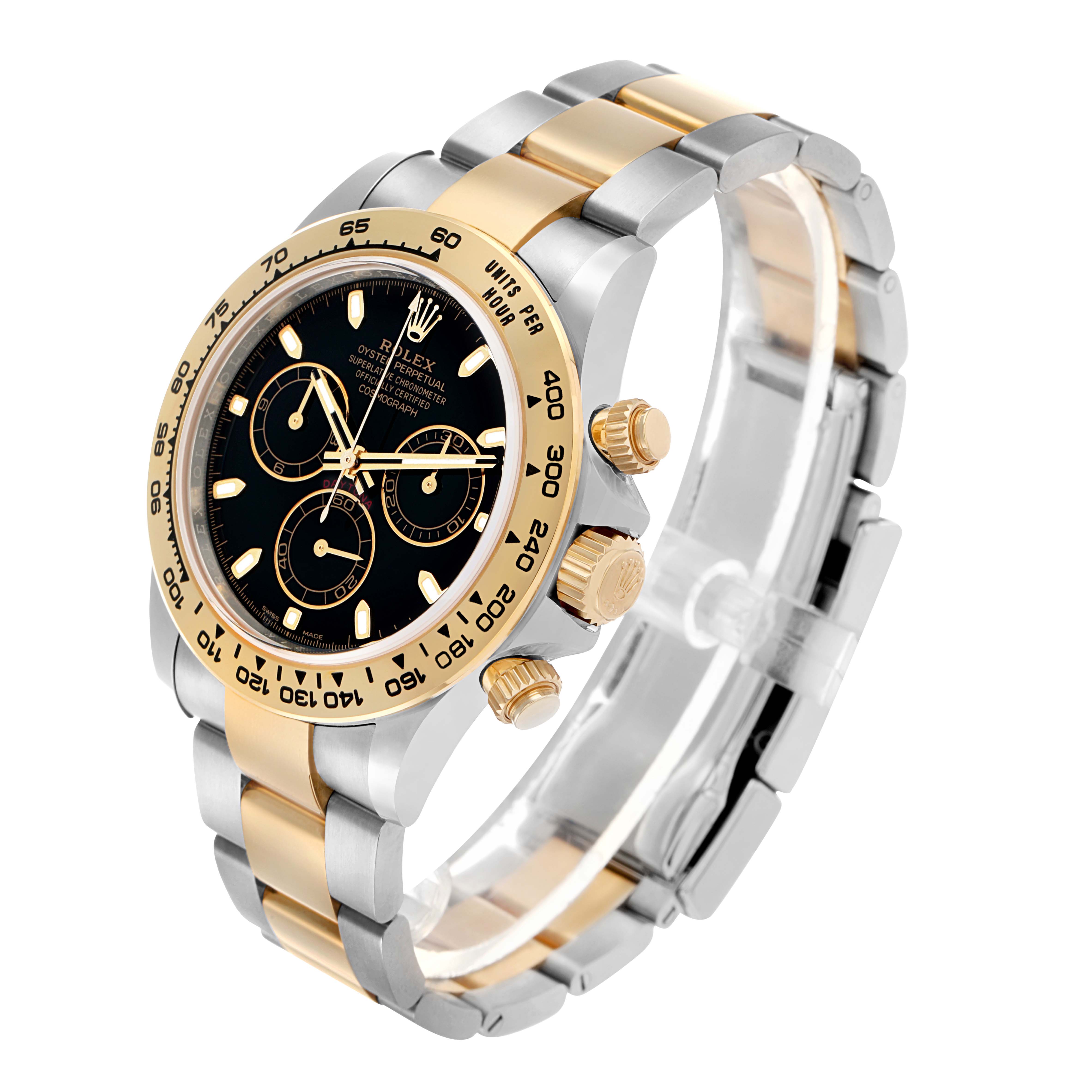 The Rolex Daytona 116503 Men's Steel and Gold (two tone) Black Dial watch is shown at a three-quarter angle, highlighting the bezel, bracelet, and side crown details.