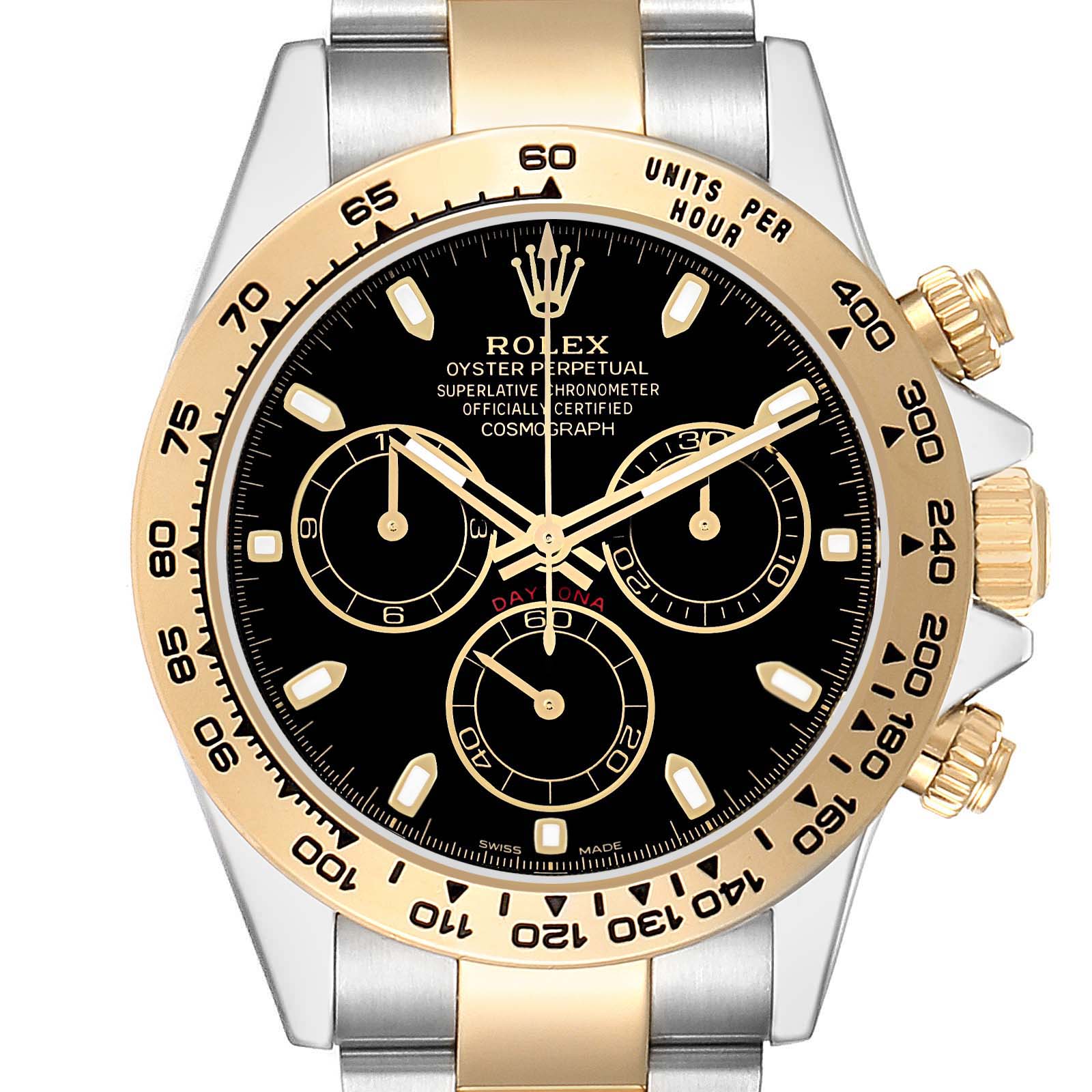 The image shows a Rolex Daytona 116503 Men's Steel and Gold (two tone) Black Dial watch from a frontal angle, highlighting its face, bezel, and part of the bracelet.