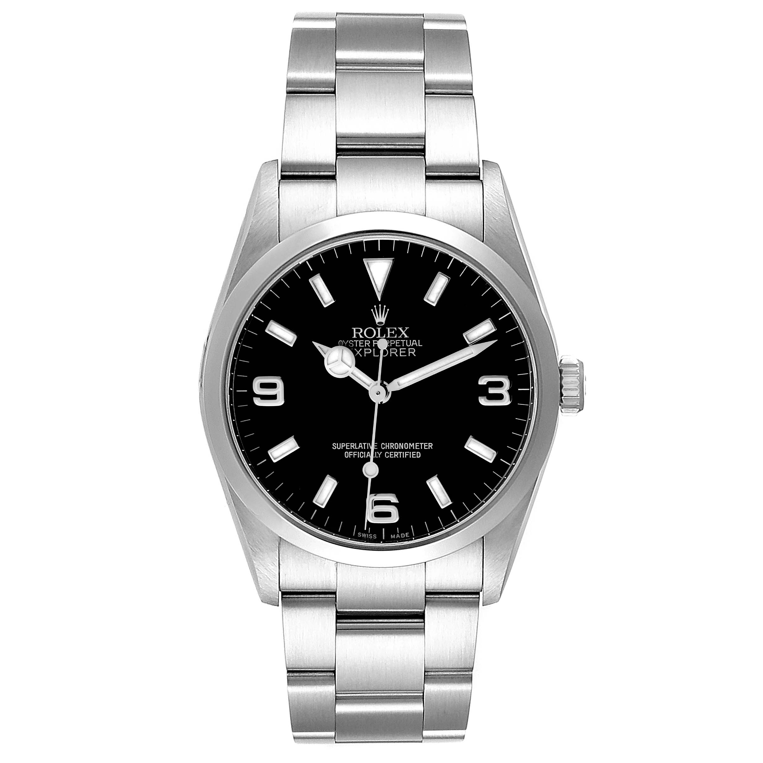The image shows a front view of a Rolex Explorer 114270 Men's Stainless Steel Black Dial 114270 Men's Stainless Steel Black Dial model watch, featuring the face, bezel, and bracelet.