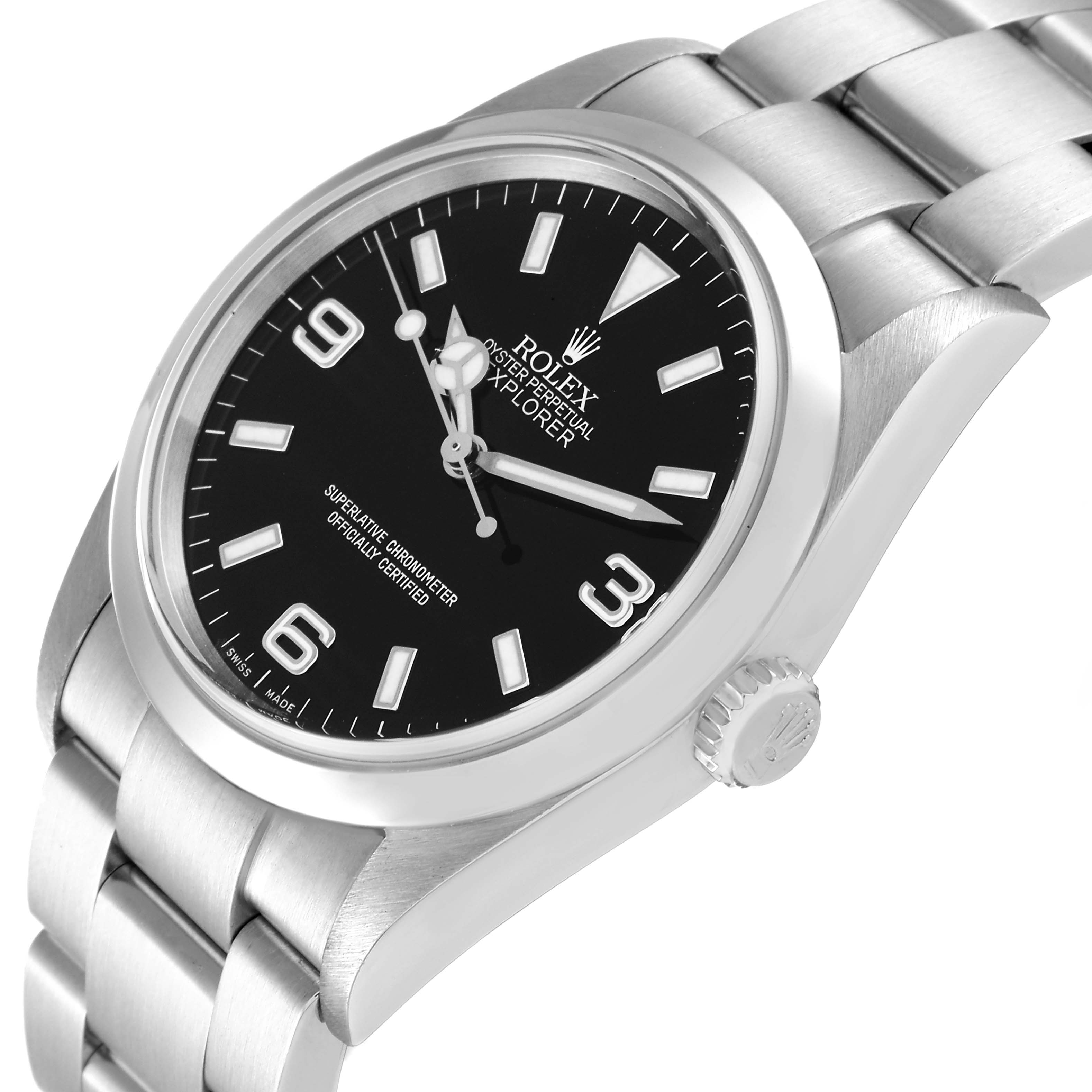 The image shows a close-up of the Rolex Explorer 114270 Men's Stainless Steel Black Dial 114270 Men's Stainless Steel Black Dial watch from a slight side angle, highlighting the dial, bezel, crown, and bracelet.