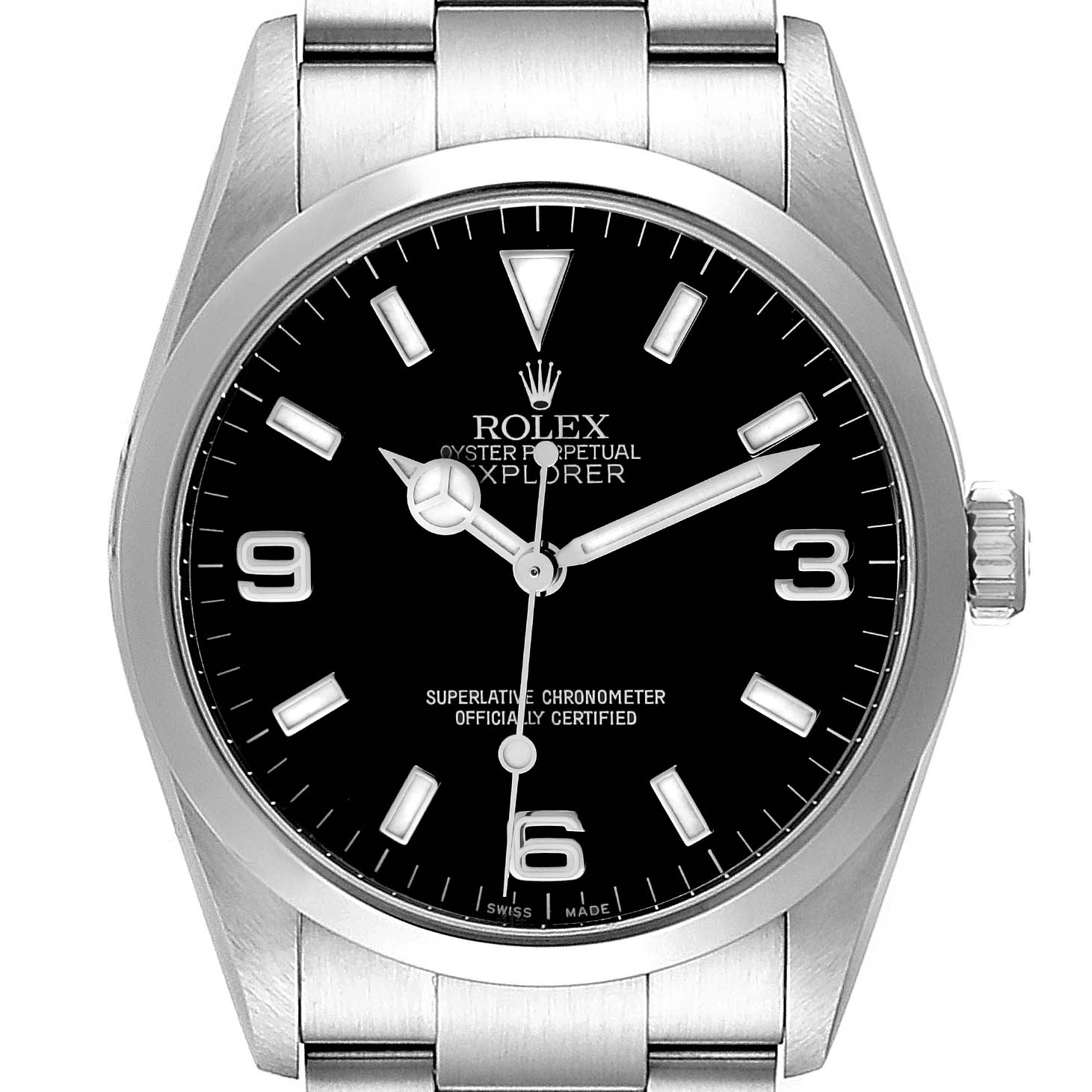 The Rolex Explorer 114270 Men's Stainless Steel Black Dial 114270 Men's Stainless Steel Black Dial watch is shown from a front angle, highlighting the face, bezel, crown, and part of the bracelet.