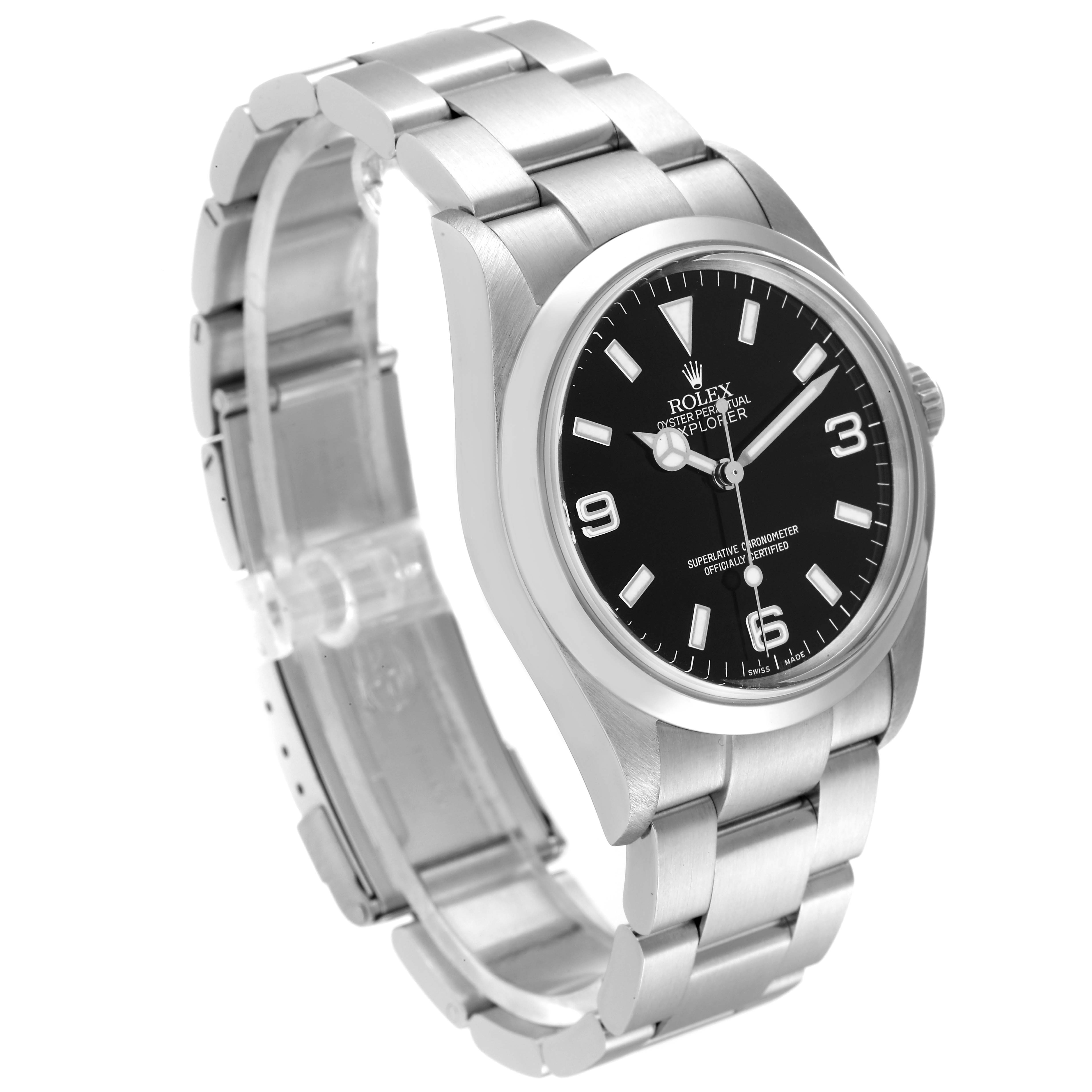 This image shows a side-angle view of a Rolex Explorer 114270 Men's Stainless Steel Black Dial 114270 Men's Stainless Steel Black Dial watch, displaying the bracelet, clasp, case, and dial.