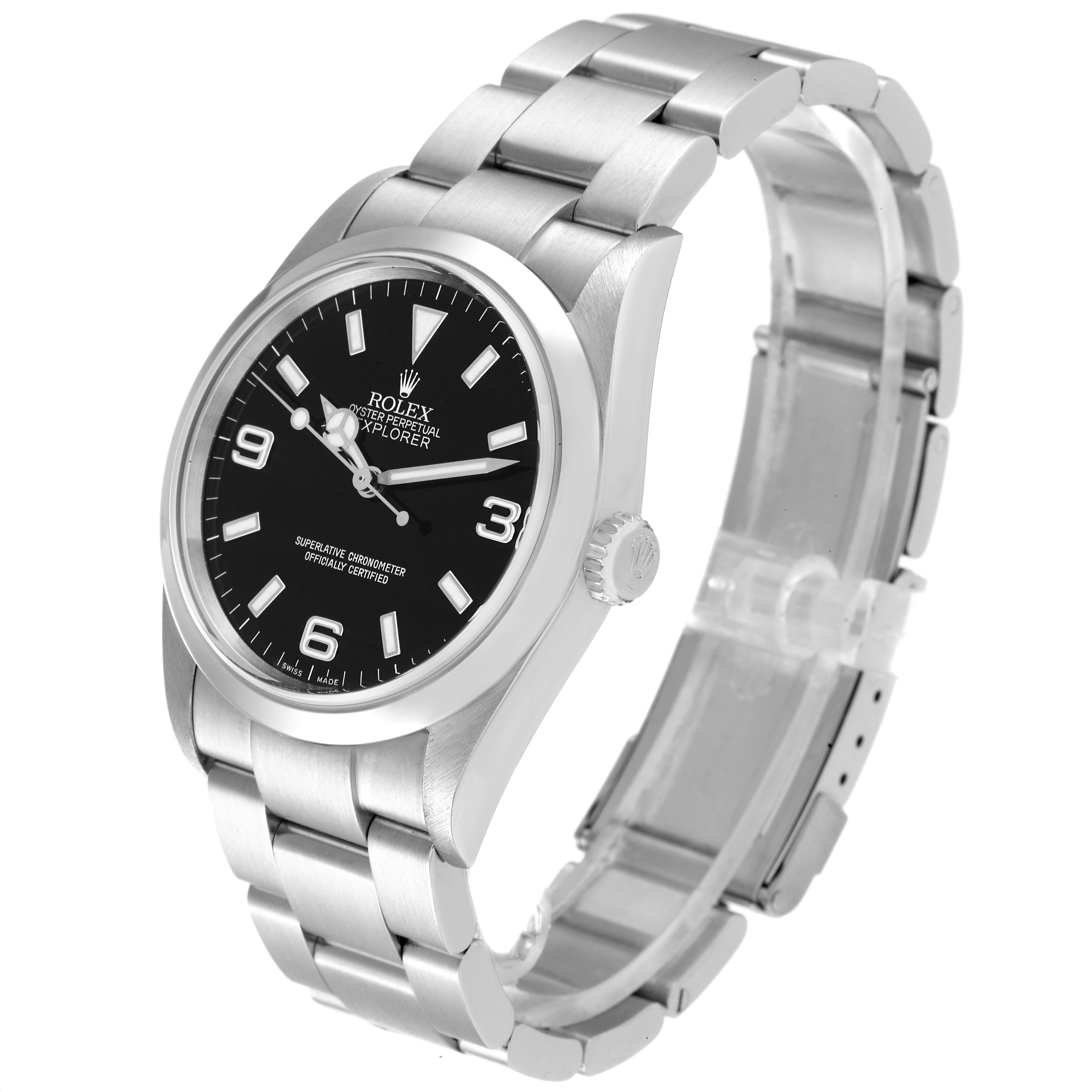 The Rolex Explorer 114270 Men's Stainless Steel Black Dial 114270 Men's Stainless Steel Black Dial watch is shown at a slight angle, displaying its black dial, bezel, case, crown, and metal bracelet.