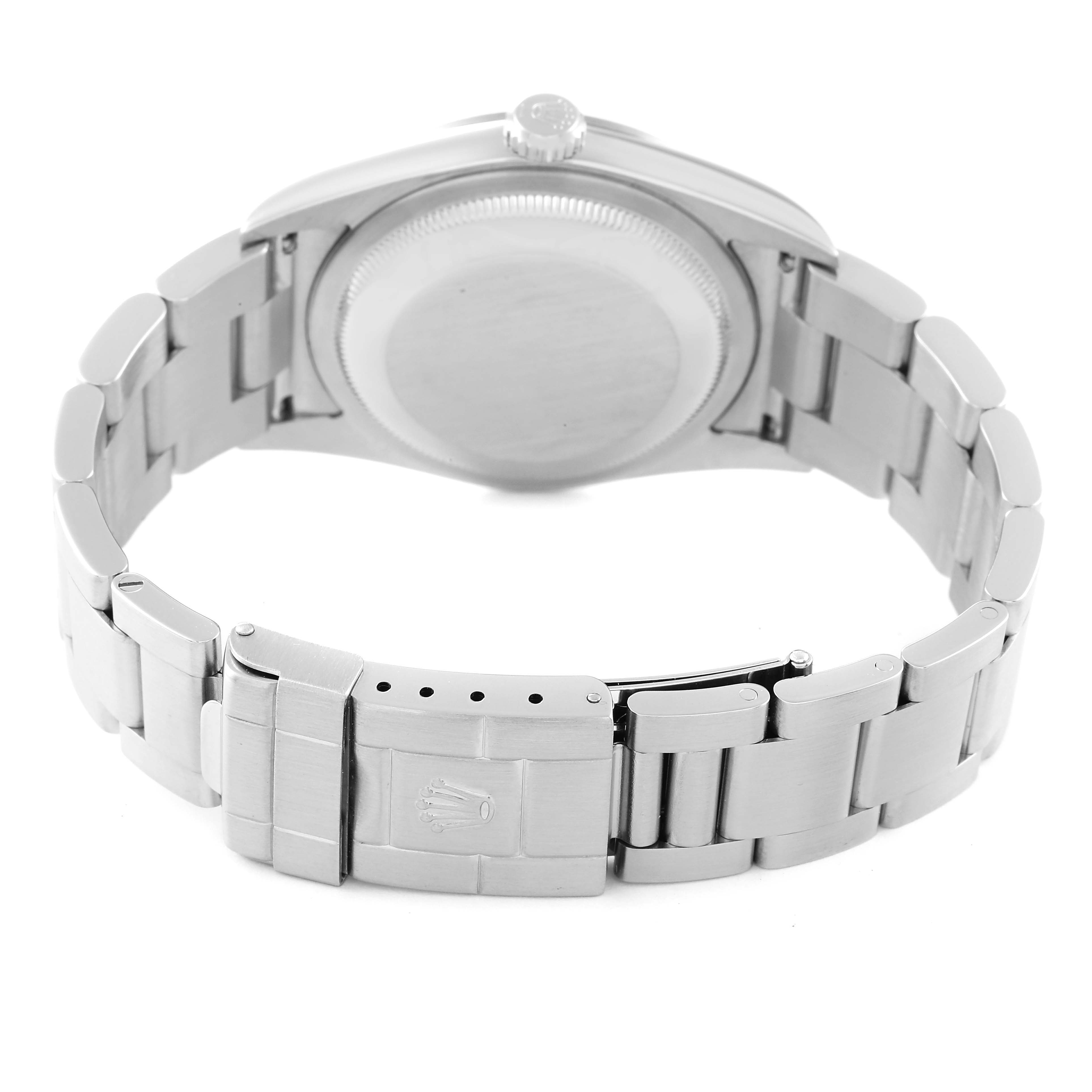 This image shows the back view of a Rolex Explorer 114270 Men's Stainless Steel Black Dial 114270 Men's Stainless Steel Black Dial watch, focusing on the case back, bracelet, and clasp.