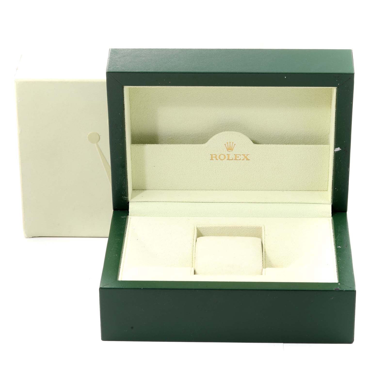 The image shows an empty Rolex Explorer 114270 Men's Stainless Steel Black Dial 114270 Men's Stainless Steel Black Dial watch box, with both the cover and inner compartments visible.