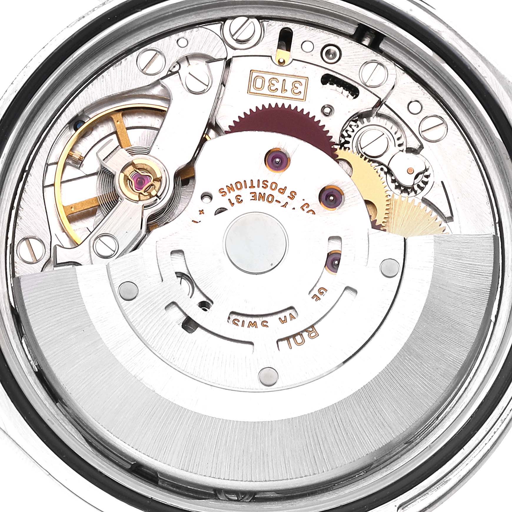 The image shows the internal movement mechanism of a Rolex Explorer 114270 Men's Stainless Steel Black Dial 114270 Men's Stainless Steel Black Dial watch, viewed from the back.